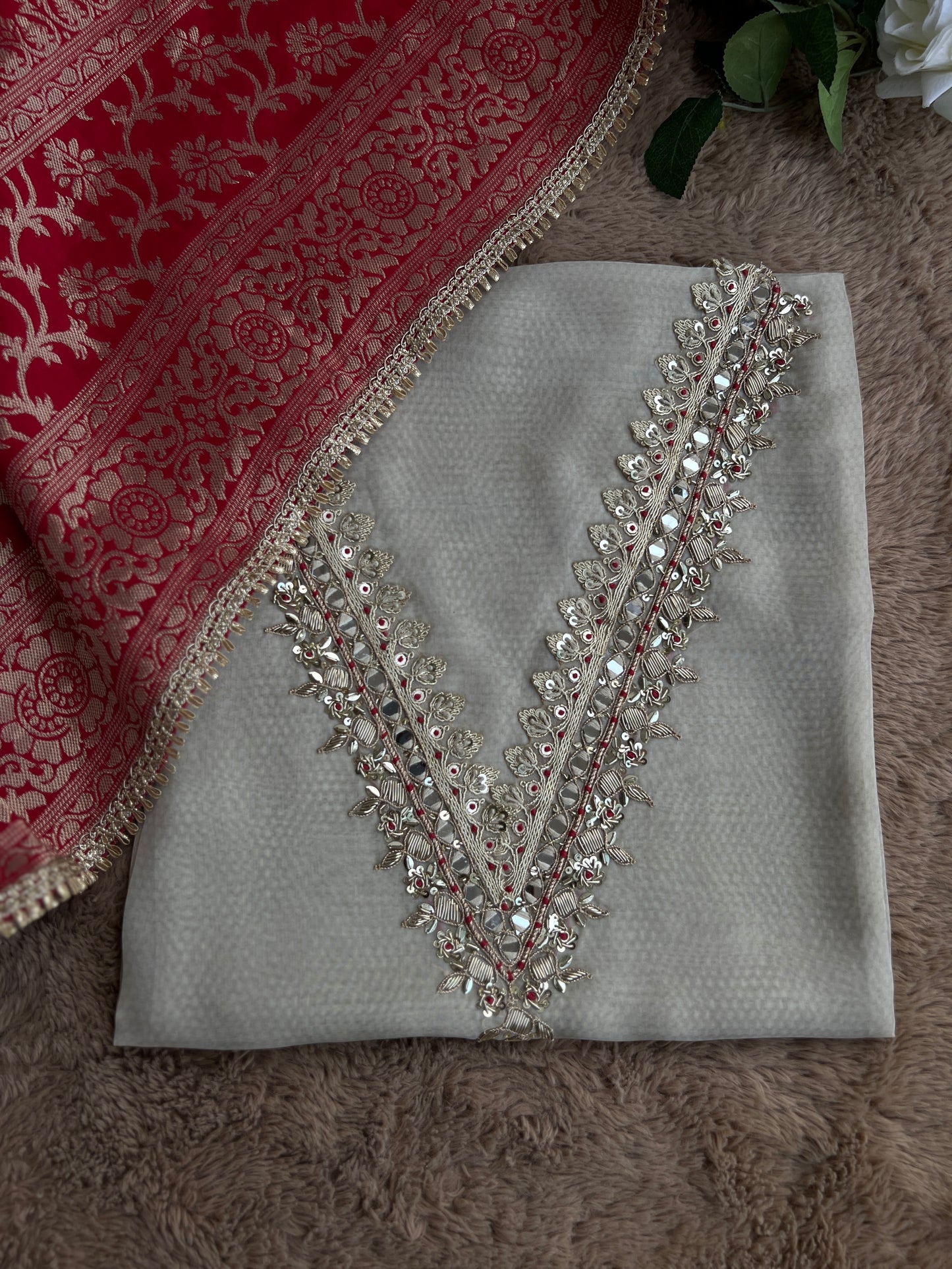 Elegant V-Neck Handwork Suit with Luxurious Dola Banarasi Dupatta