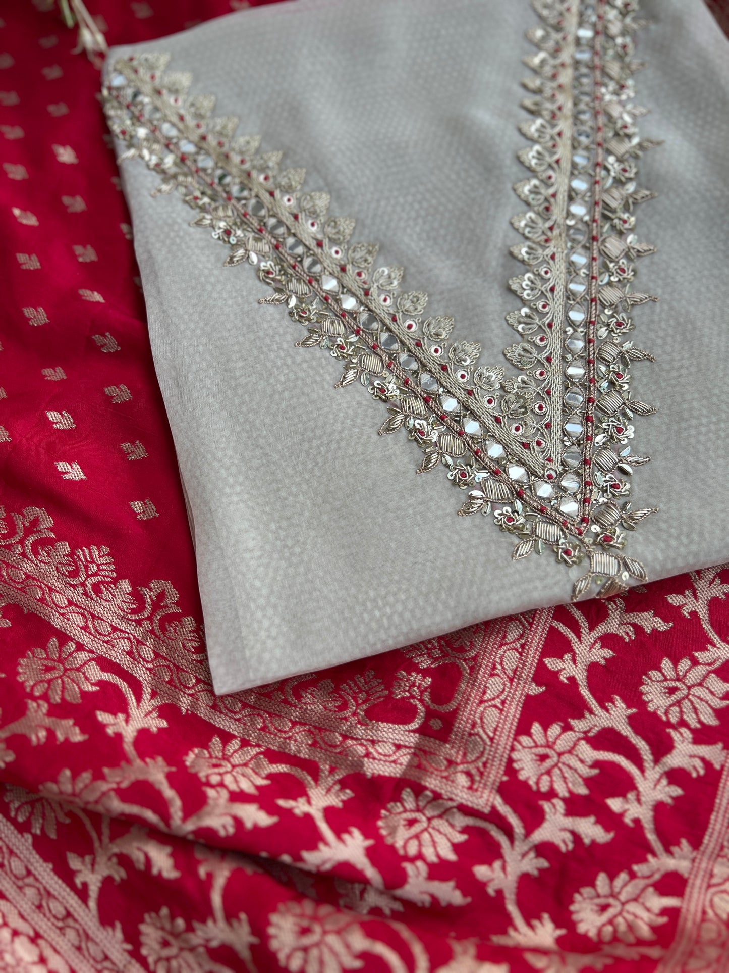 Elegant V-Neck Handwork Suit with Luxurious Dola Banarasi Dupatta