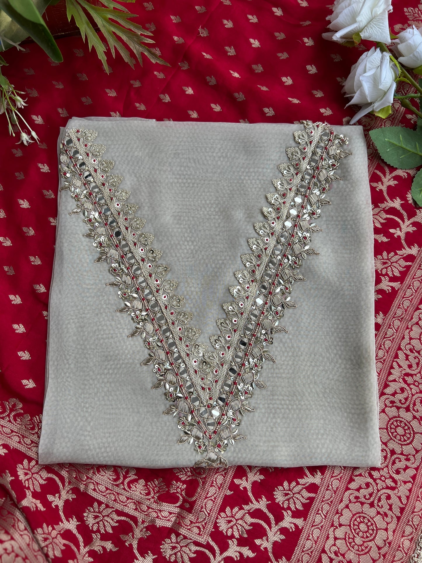 Elegant V-Neck Handwork Suit with Luxurious Dola Banarasi Dupatta