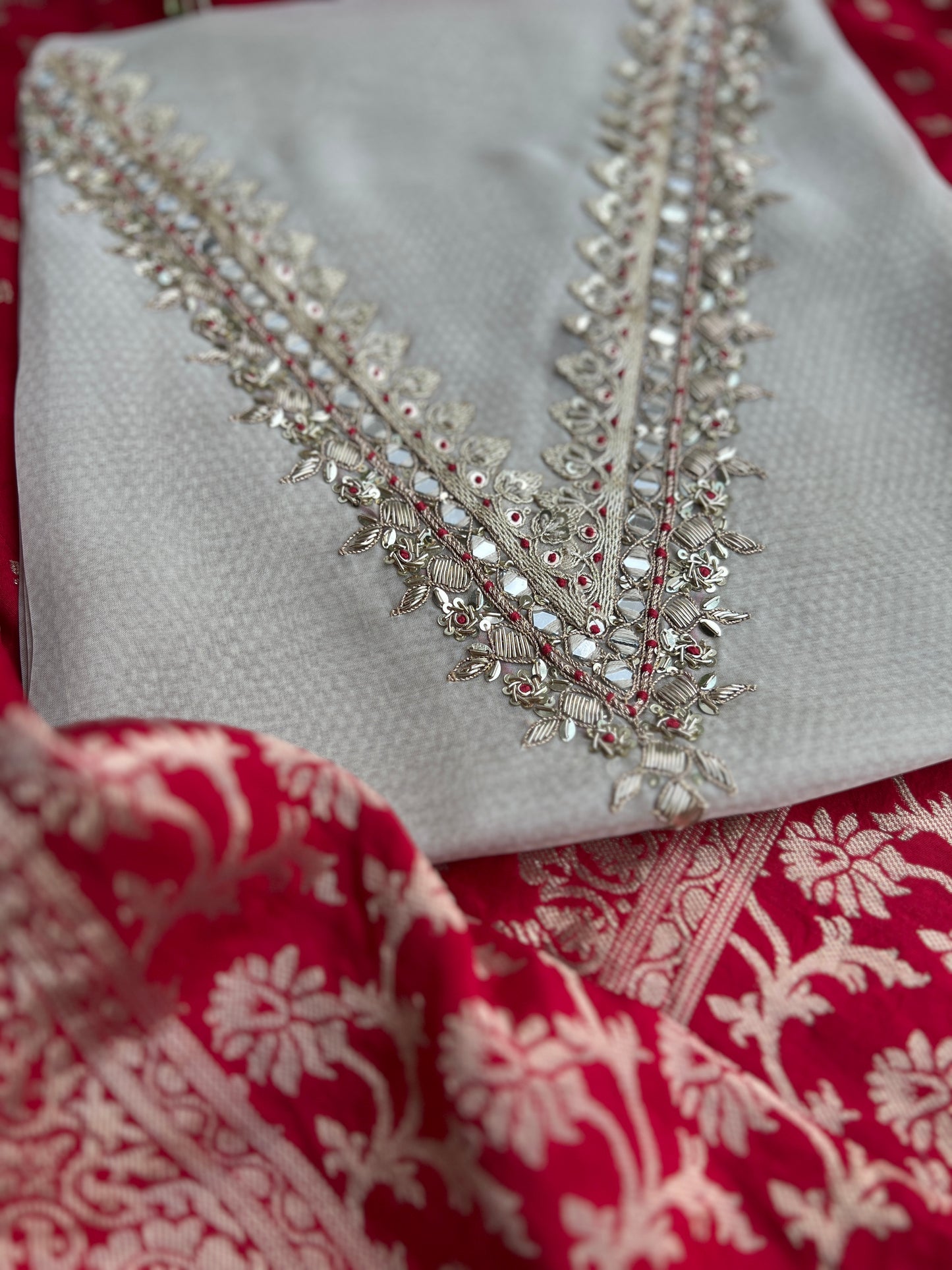 Elegant V-Neck Handwork Suit with Luxurious Dola Banarasi Dupatta
