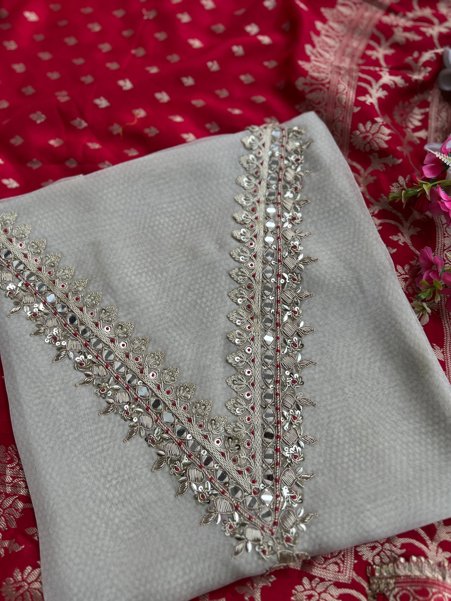 Elegant V-Neck Handwork Suit with Luxurious Dola Banarasi Dupatta