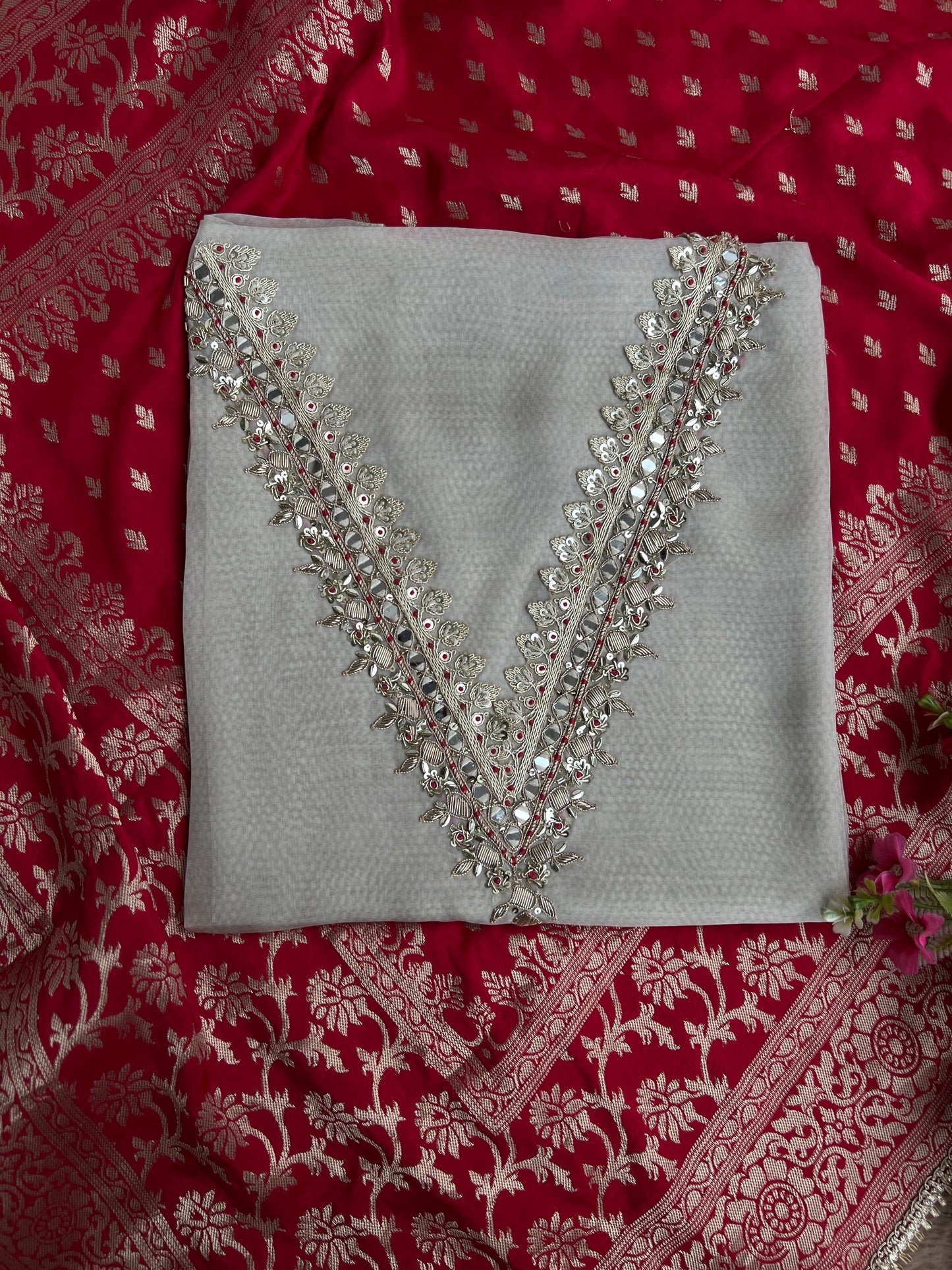 Elegant V-Neck Handwork Suit with Luxurious Dola Banarasi Dupatta