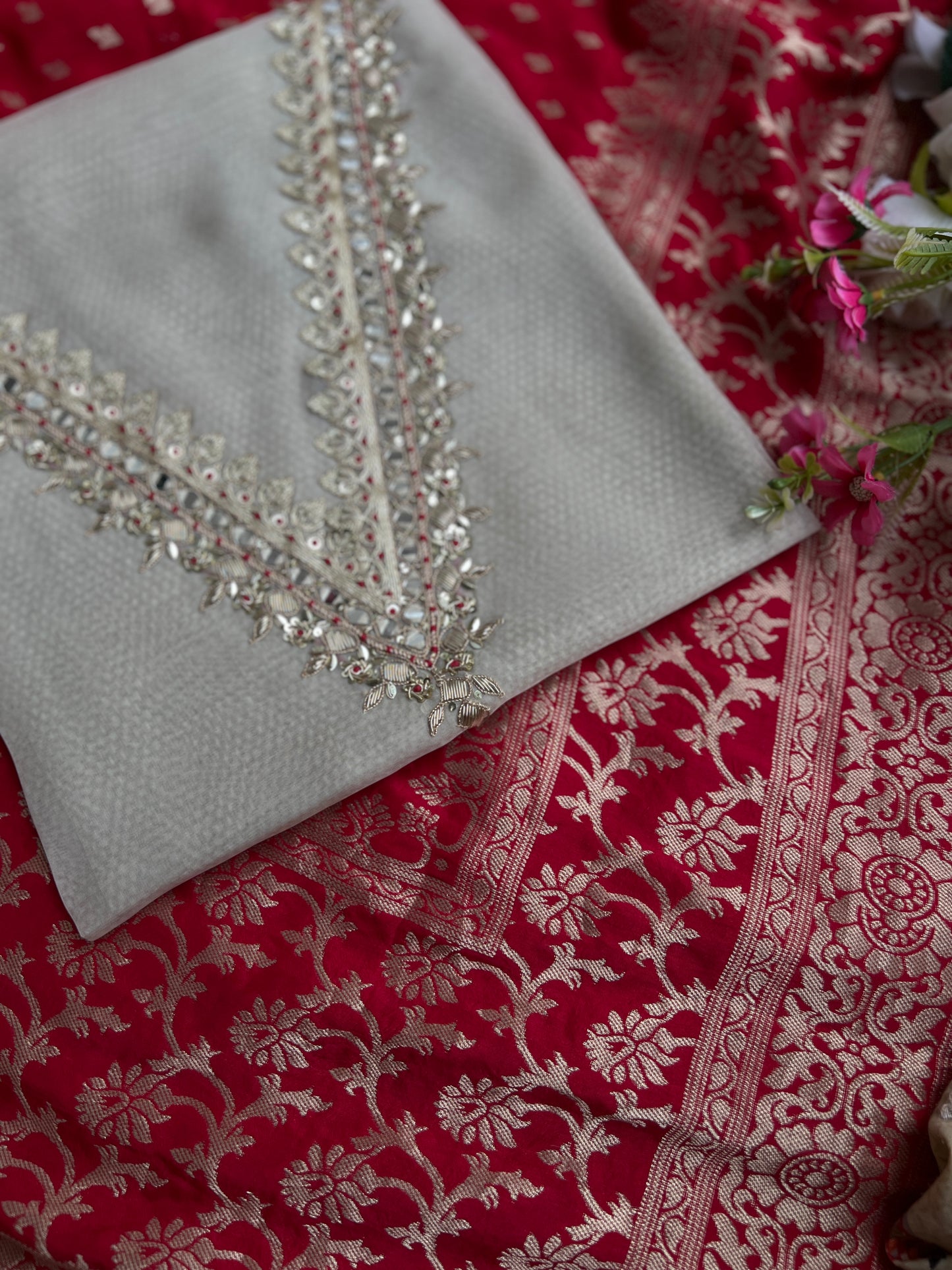 Elegant V-Neck Handwork Suit with Luxurious Dola Banarasi Dupatta