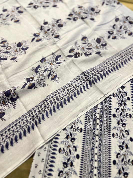 Ivory White & Indigo Blue Karachi Print Cotton Suit – Summer Dailywear Classic