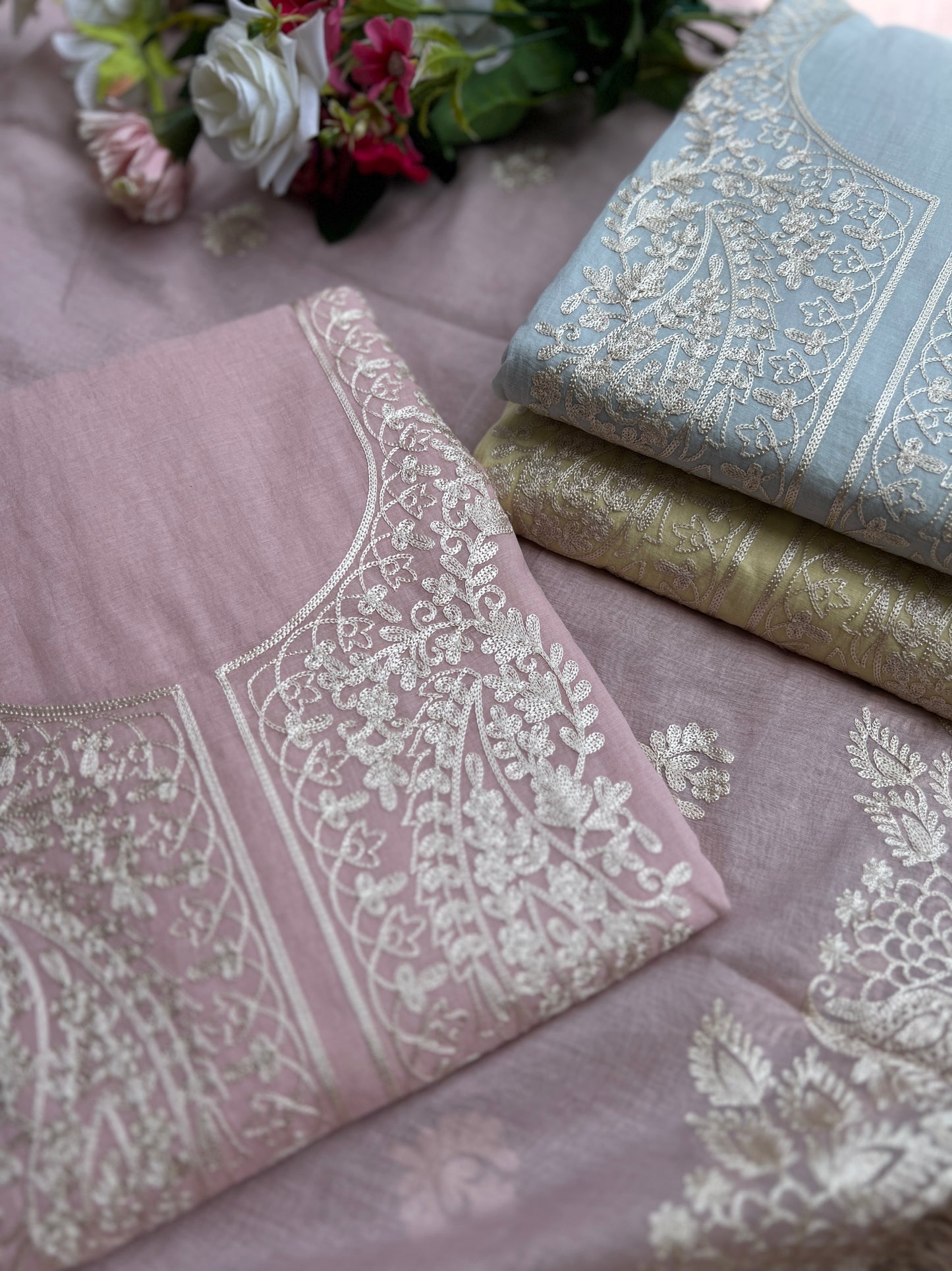 Pastel Mal Chanderi Embroidered Suit Collection