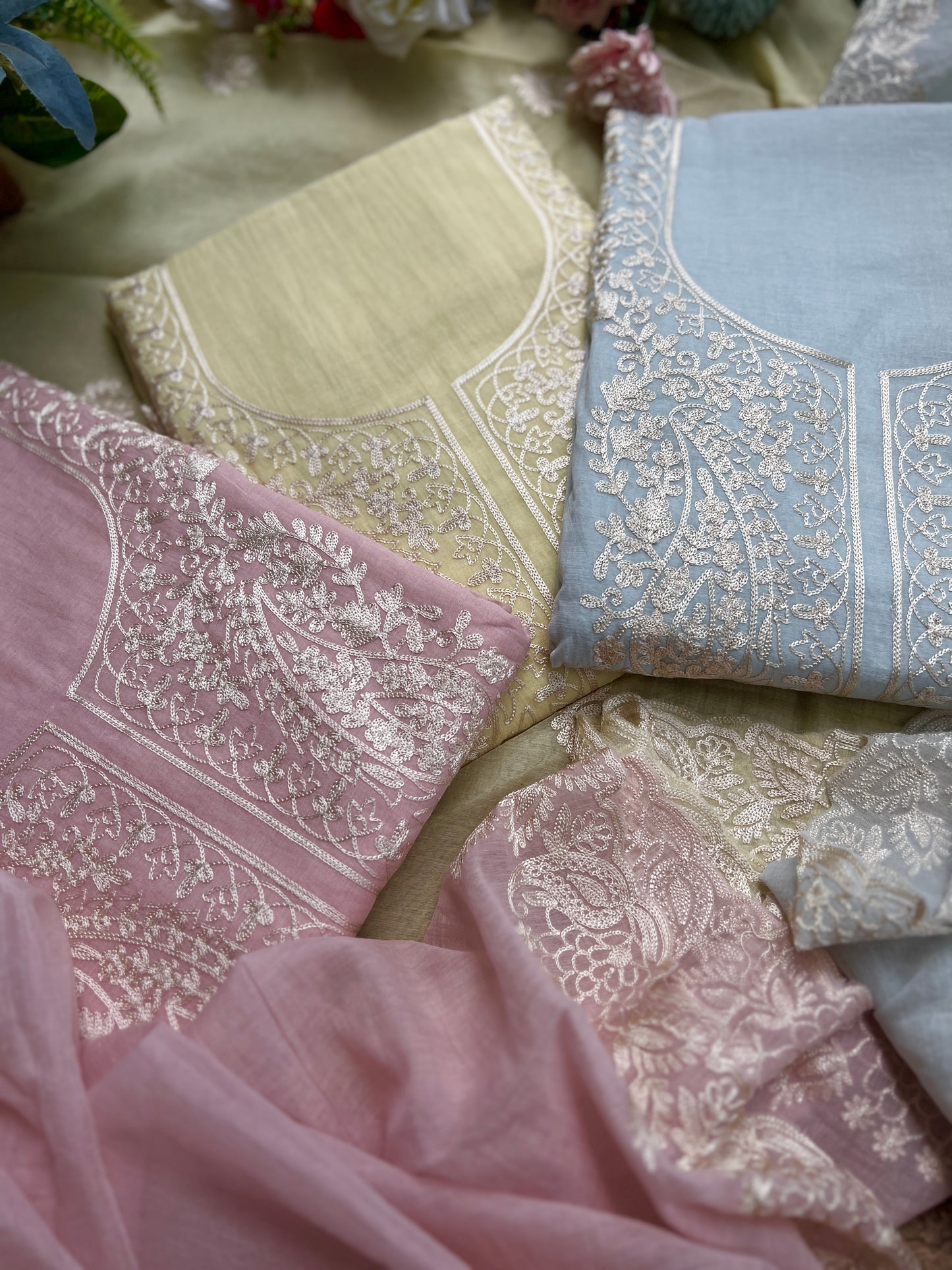 Pastel Mal Chanderi Embroidered Suit Collection