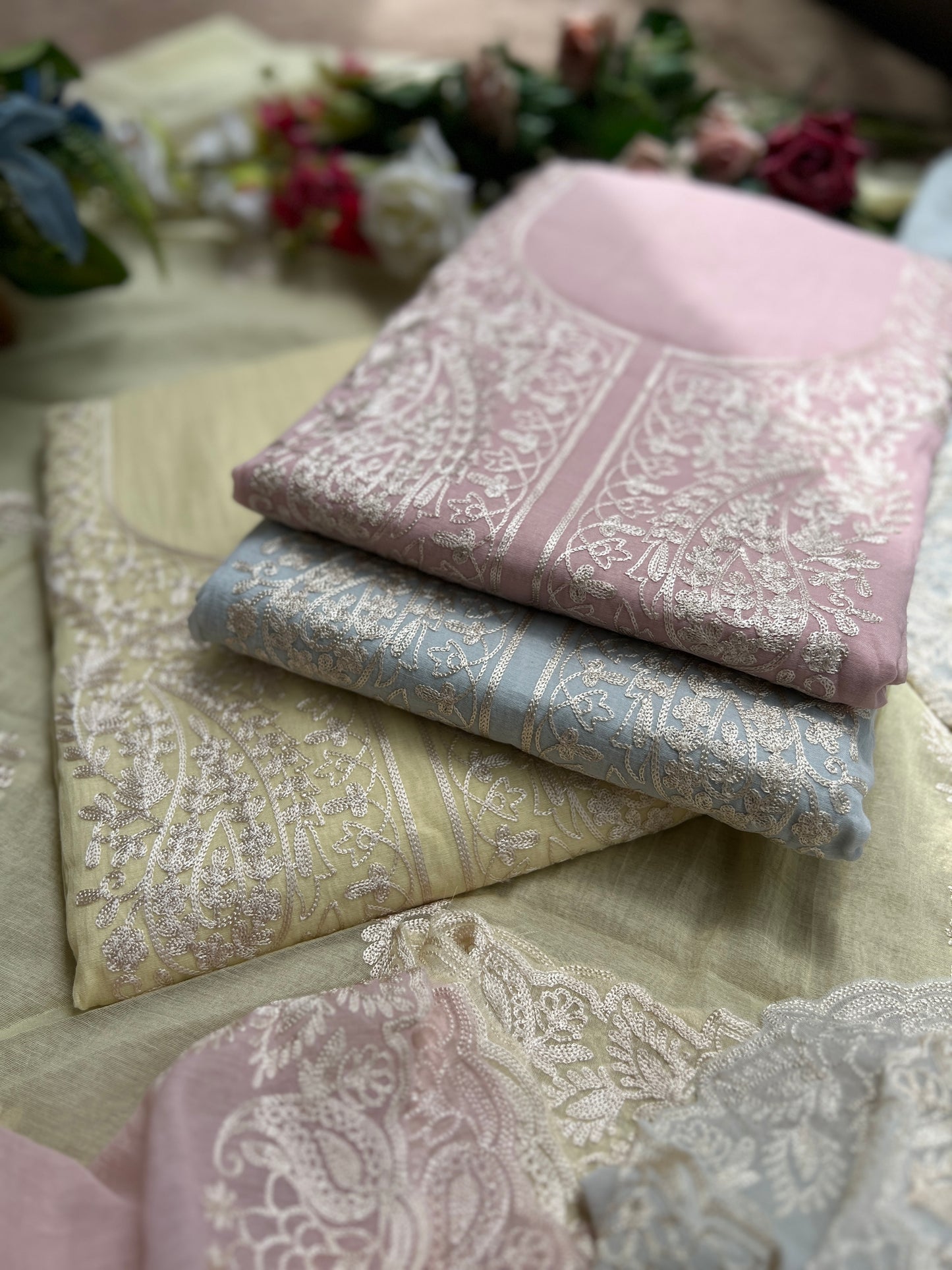 Pastel Mal Chanderi Embroidered Suit Collection