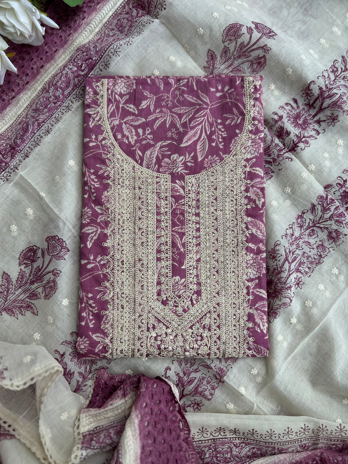 Vibrant Embroidered Cotton Suit with Chikankari Bottom and Embroidered Dupatta