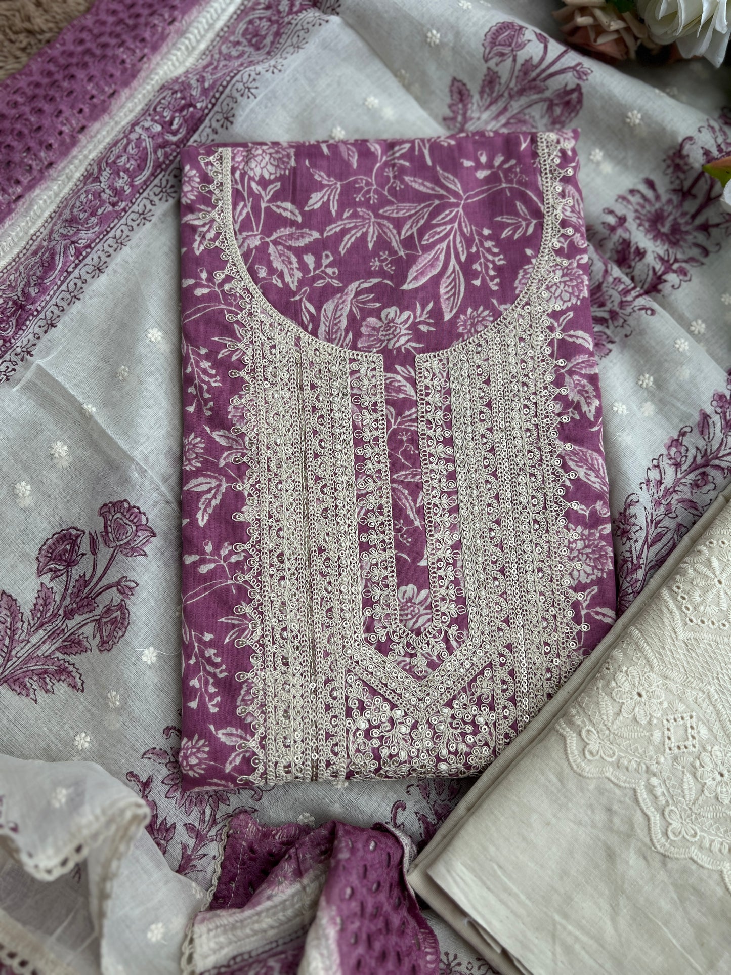 Vibrant Embroidered Cotton Suit with Chikankari Bottom and Embroidered Dupatta