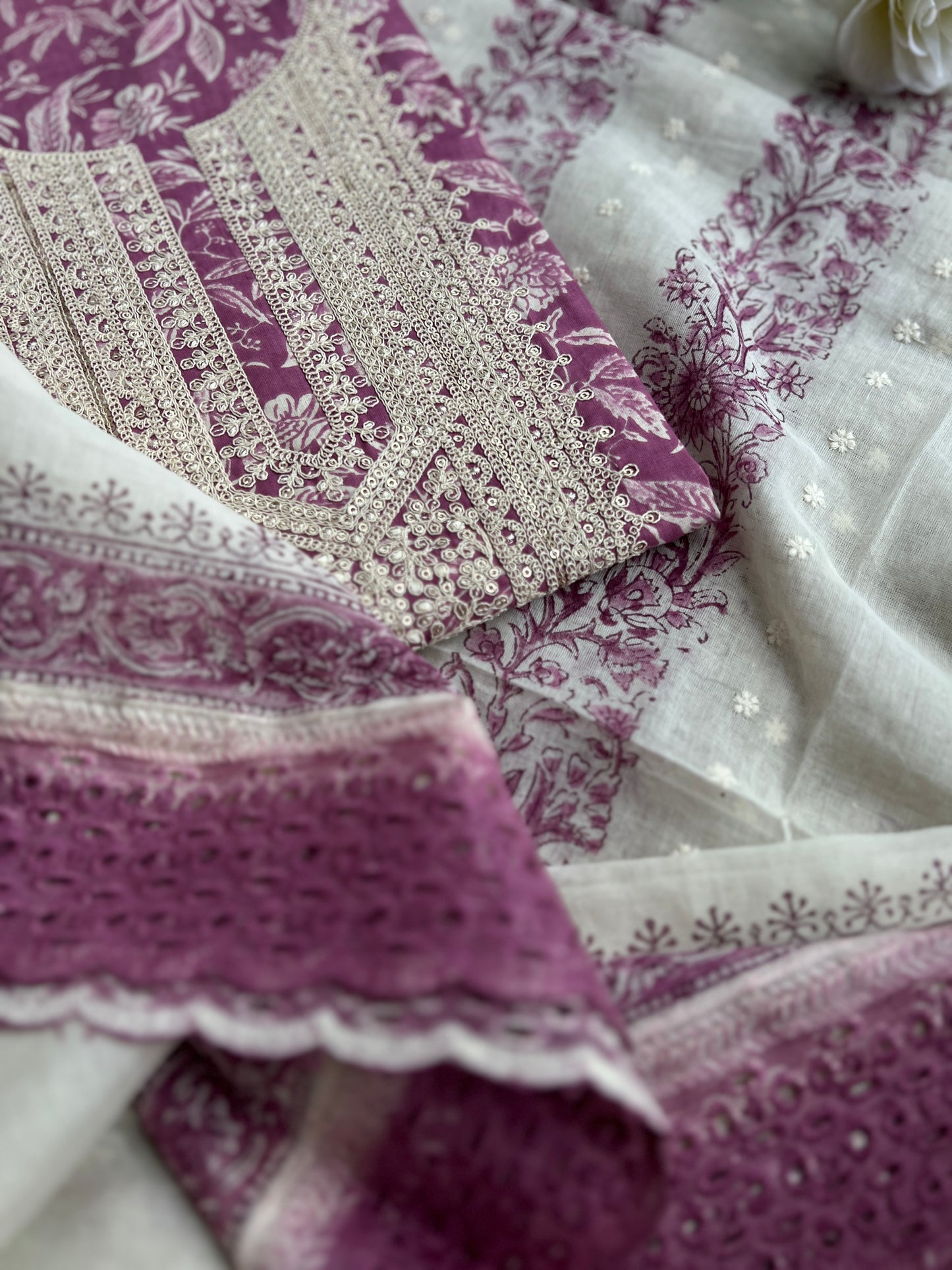 Vibrant Embroidered Cotton Suit with Chikankari Bottom and Embroidered Dupatta