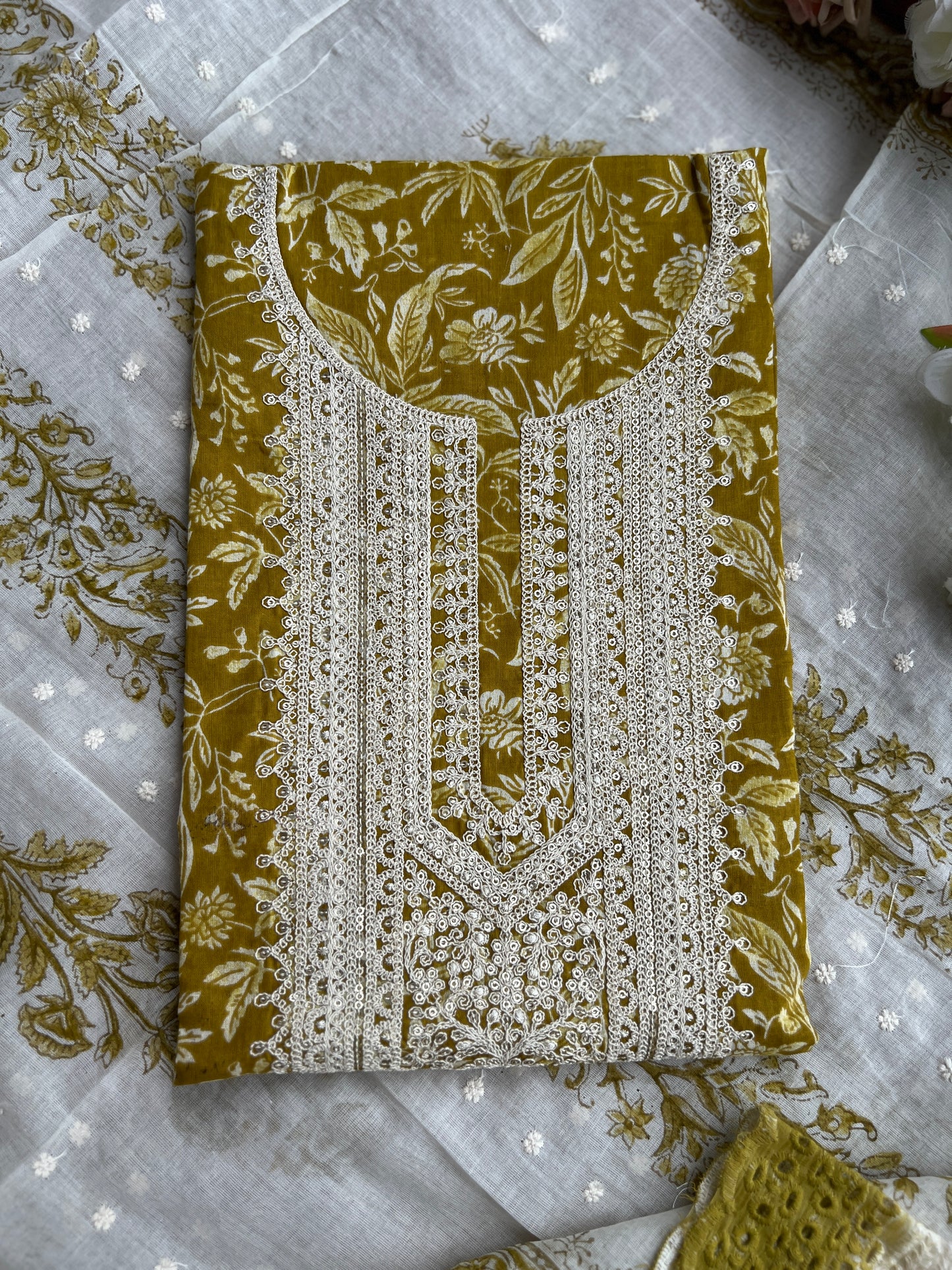 Vibrant Embroidered Cotton Suit with Chikankari Bottom and Embroidered Dupatta
