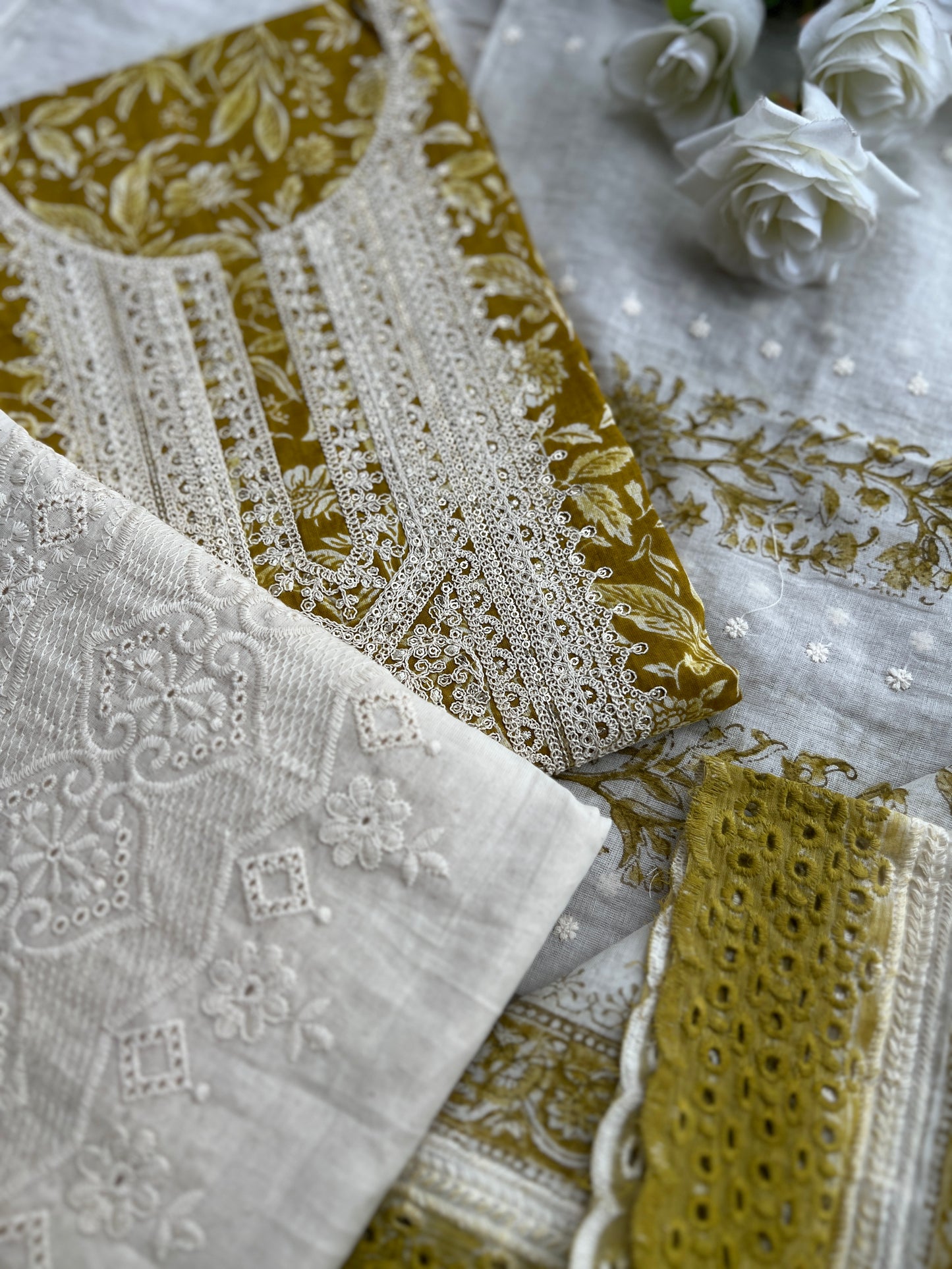 Vibrant Embroidered Cotton Suit with Chikankari Bottom and Embroidered Dupatta