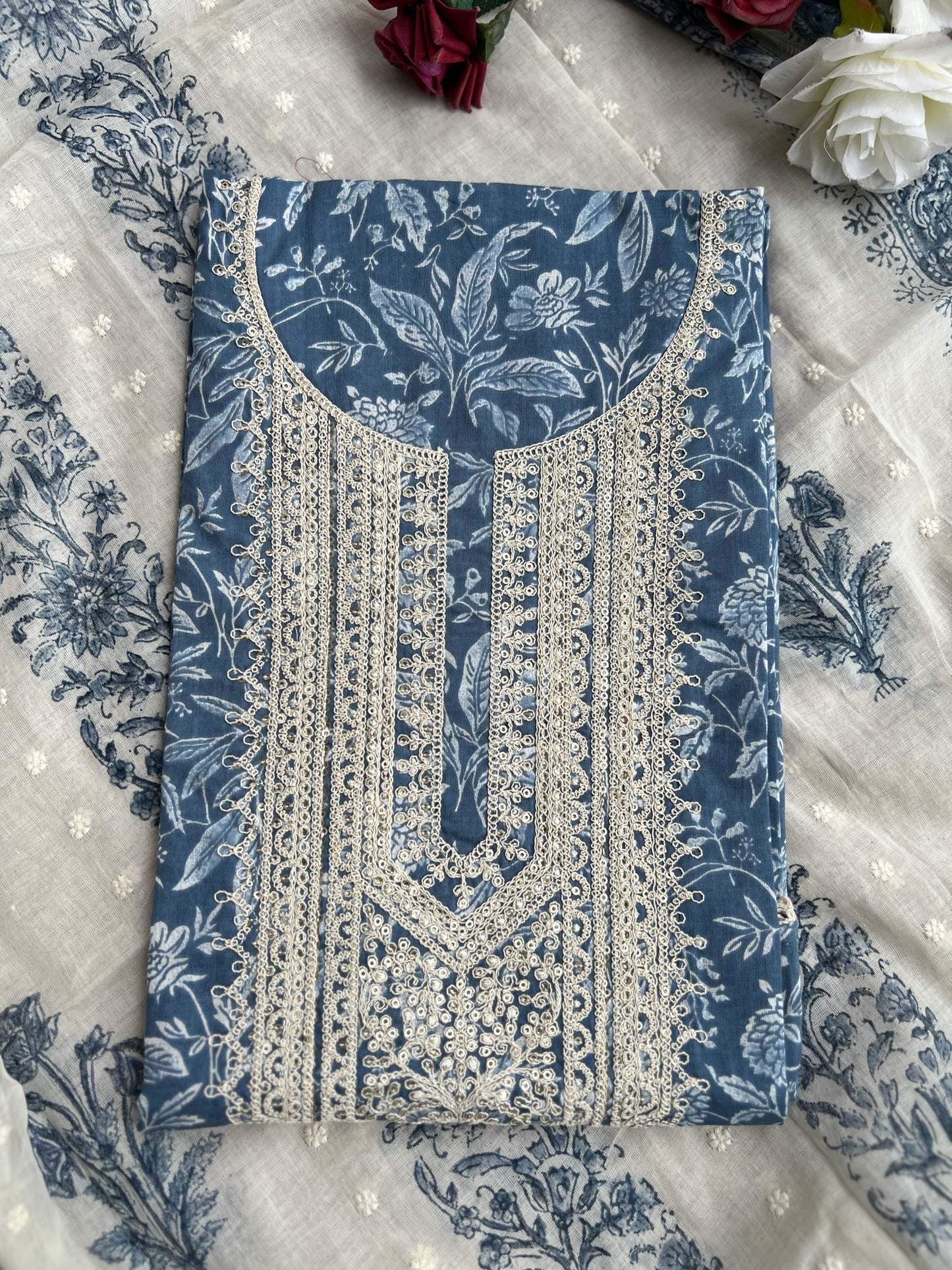 Vibrant Embroidered Cotton Suit with Chikankari Bottom and Embroidered Dupatta