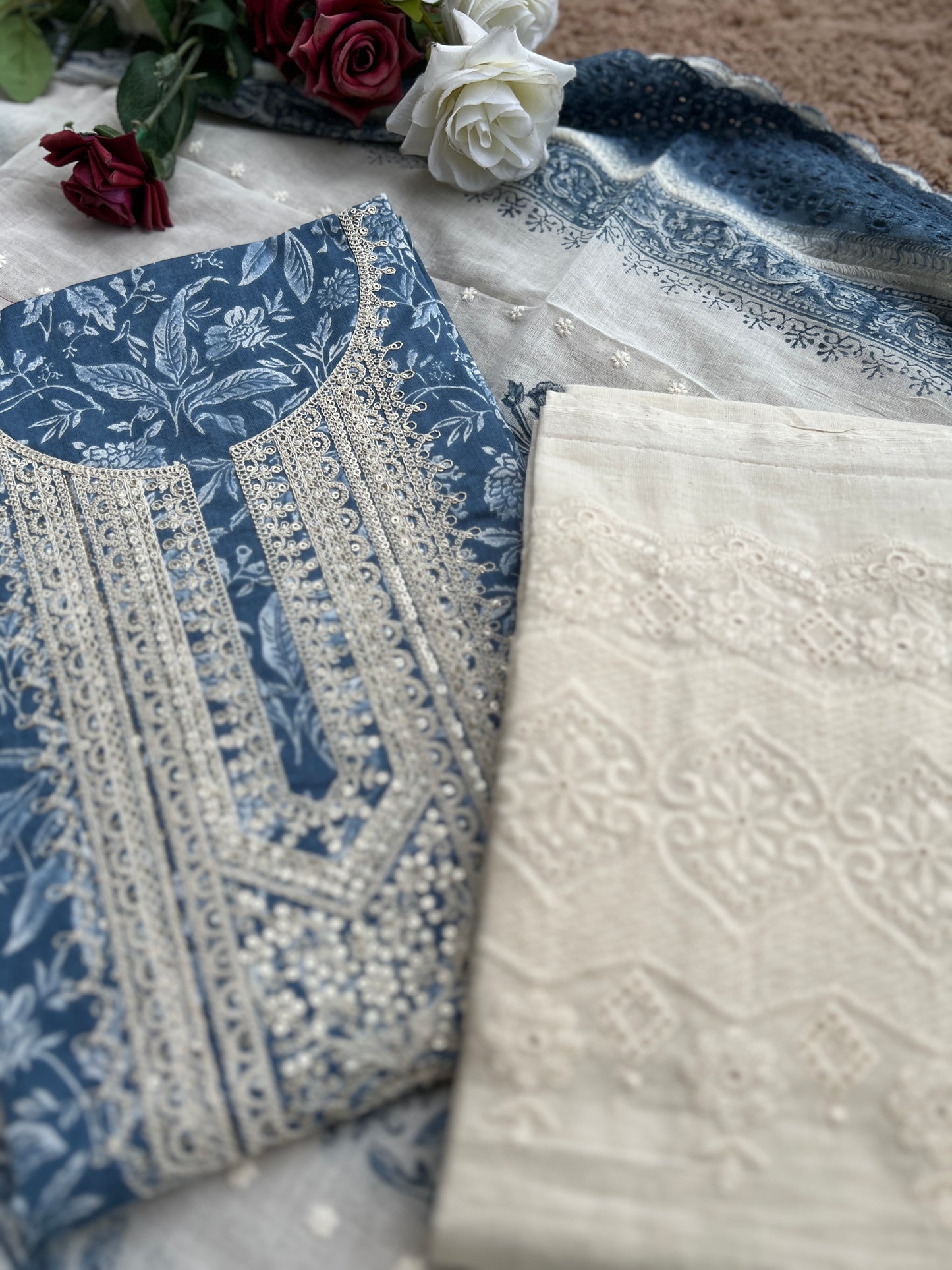 Vibrant Embroidered Cotton Suit with Chikankari Bottom and Embroidered Dupatta