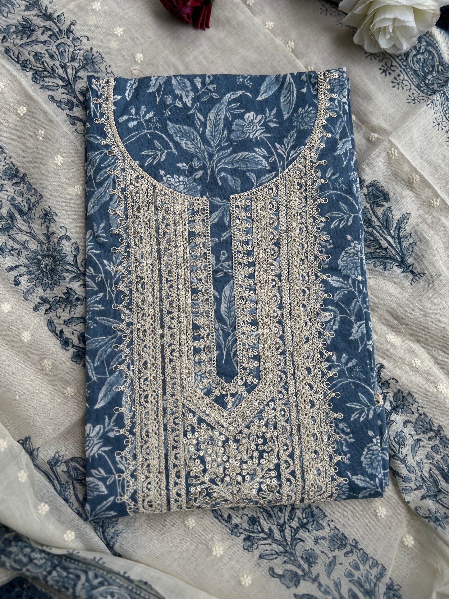 Vibrant Embroidered Cotton Suit with Chikankari Bottom and Embroidered Dupatta