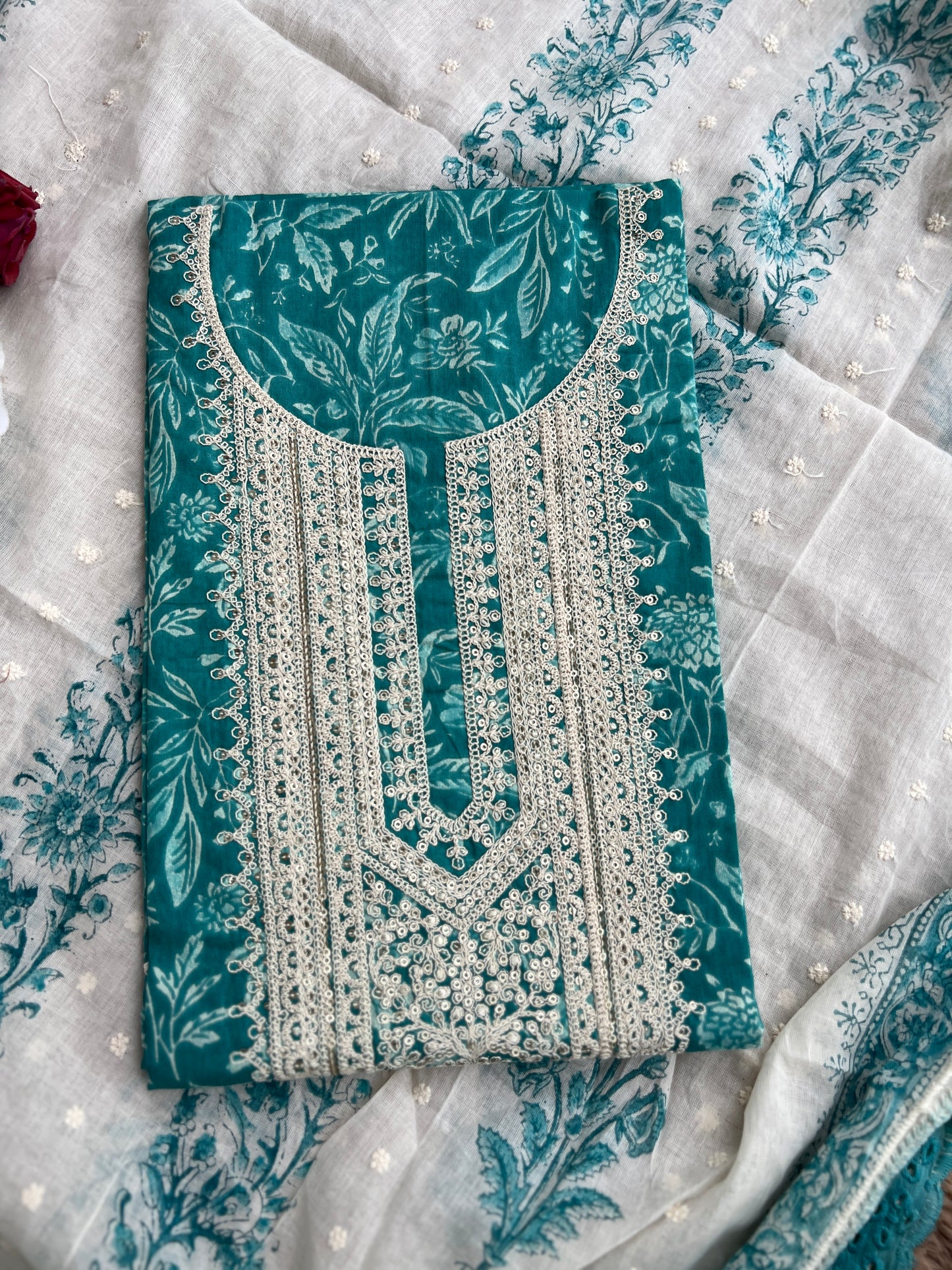 Vibrant Embroidered Cotton Suit with Chikankari Bottom and Embroidered Dupatta