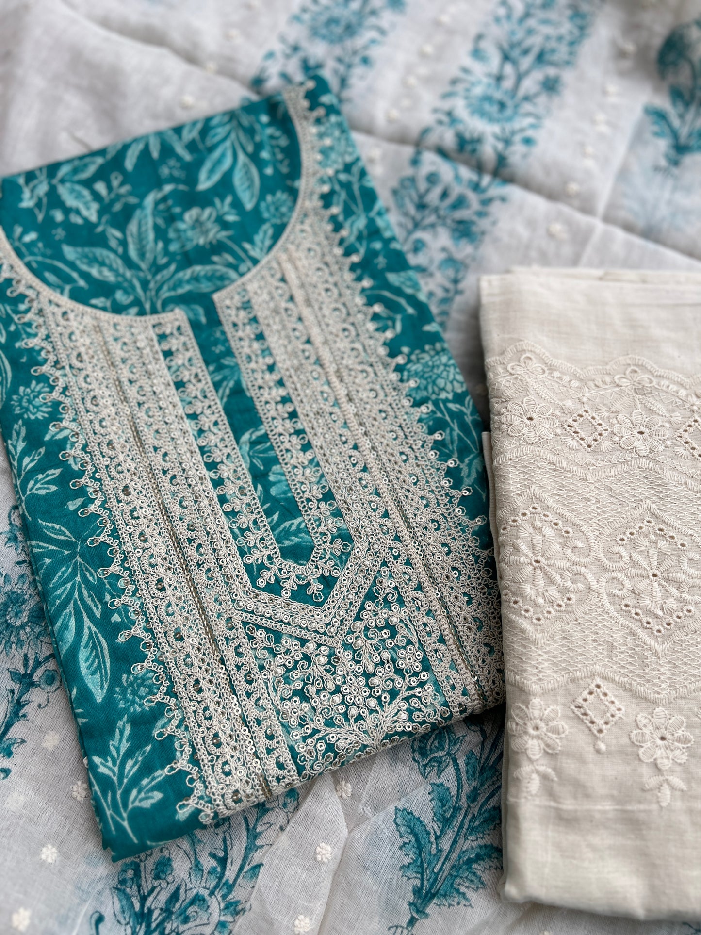 Vibrant Embroidered Cotton Suit with Chikankari Bottom and Embroidered Dupatta
