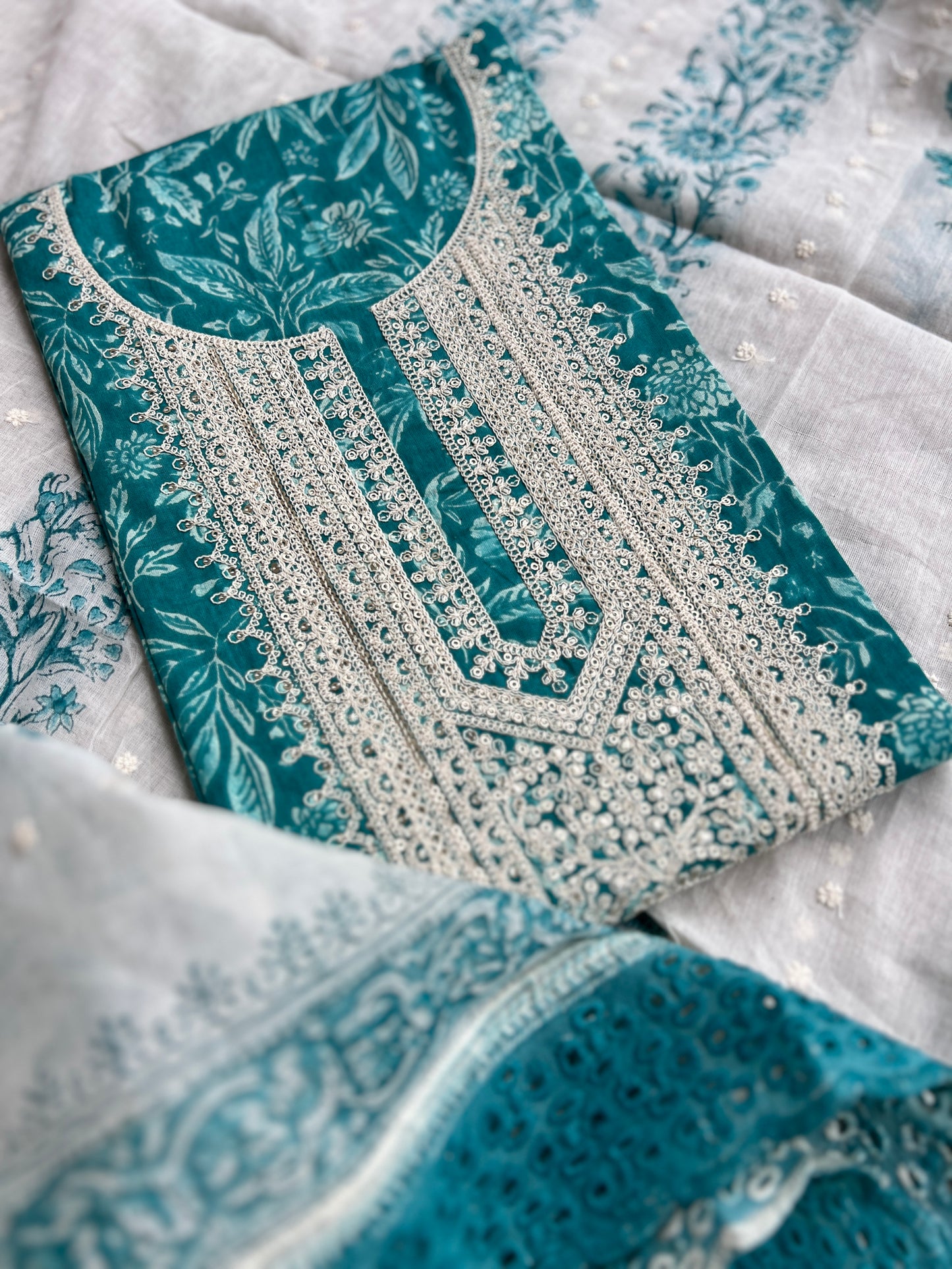 Vibrant Embroidered Cotton Suit with Chikankari Bottom and Embroidered Dupatta