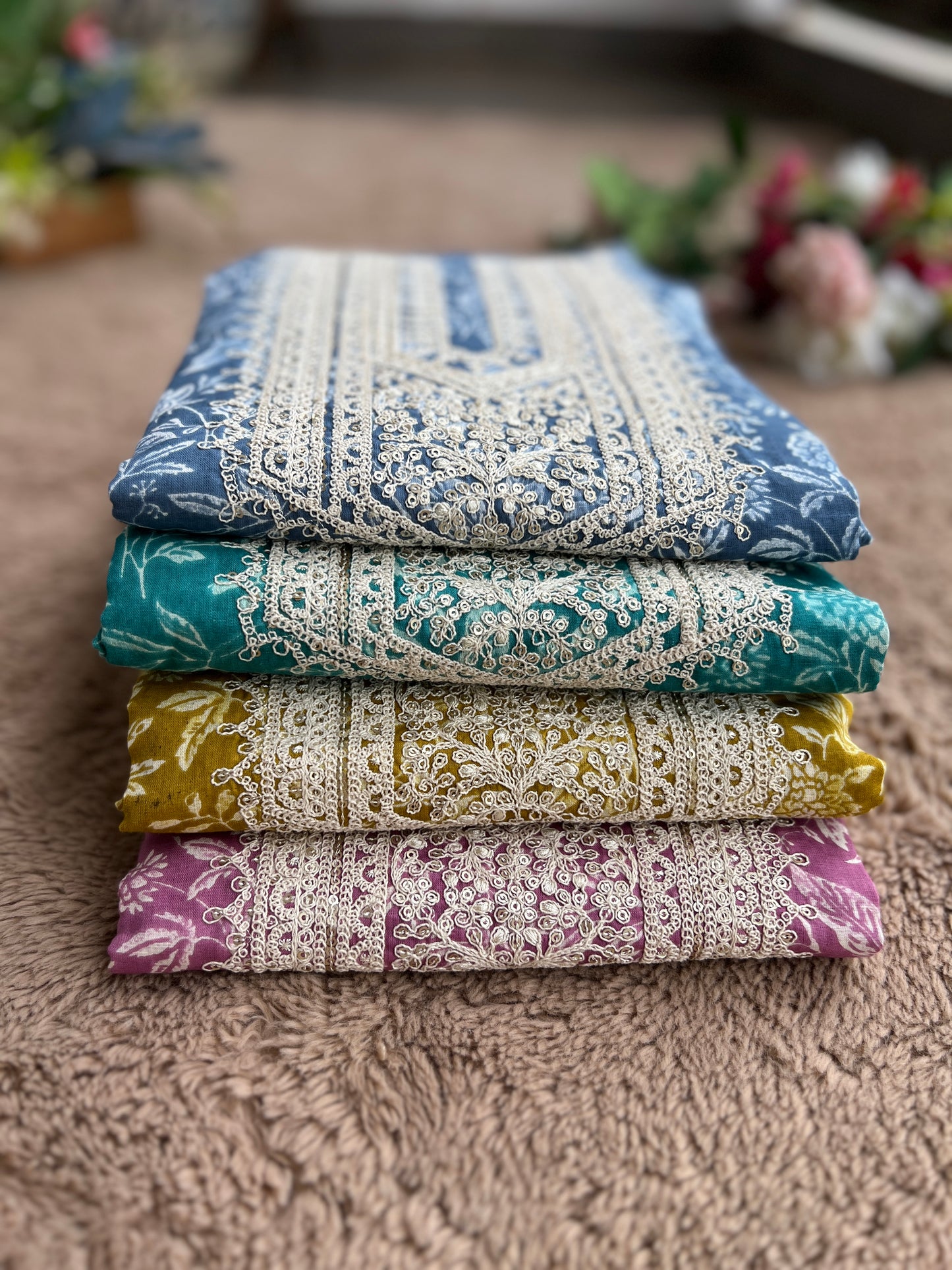 Vibrant Embroidered Cotton Suit with Chikankari Bottom and Embroidered Dupatta