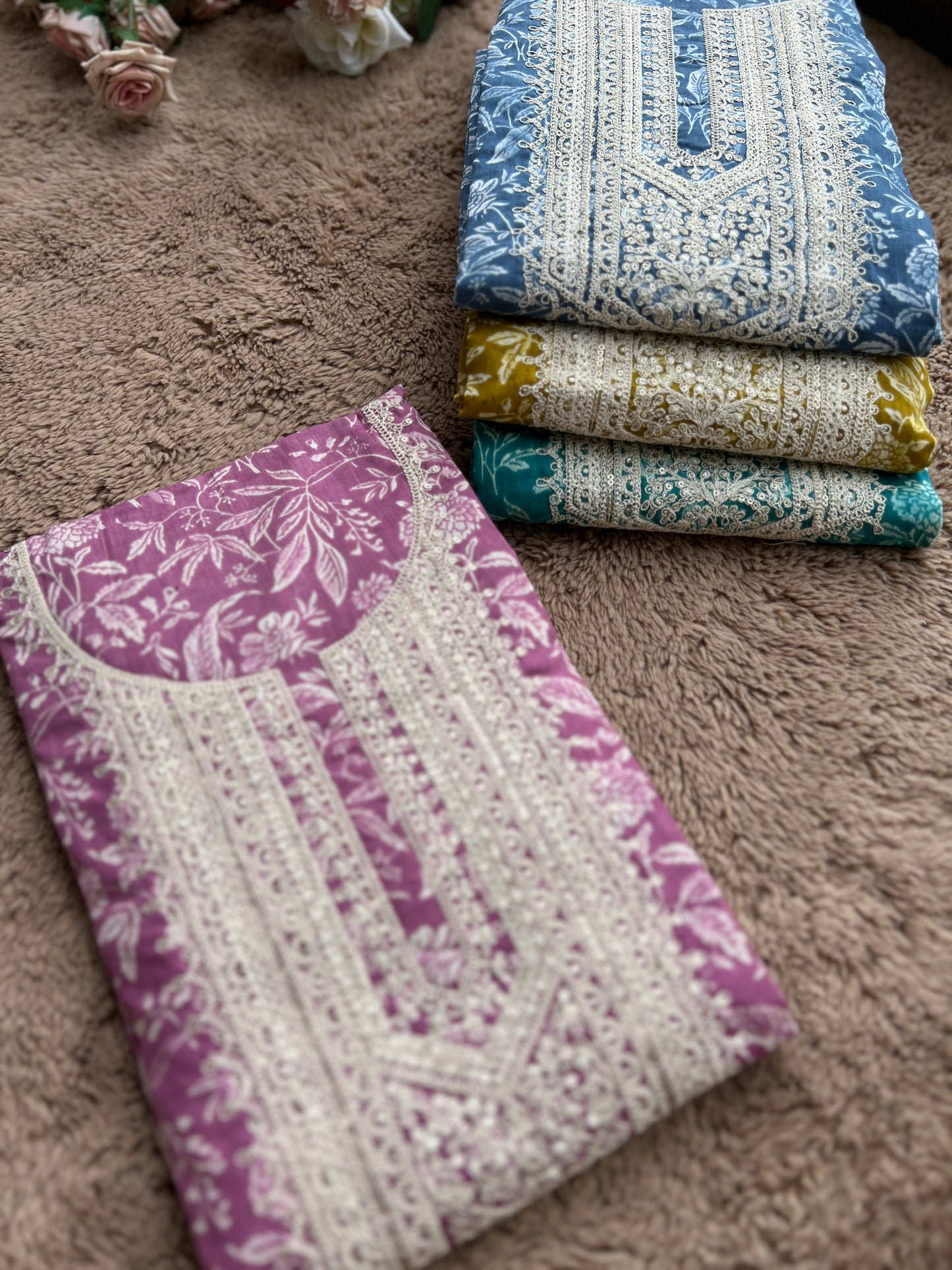 Vibrant Embroidered Cotton Suit with Chikankari Bottom and Embroidered Dupatta