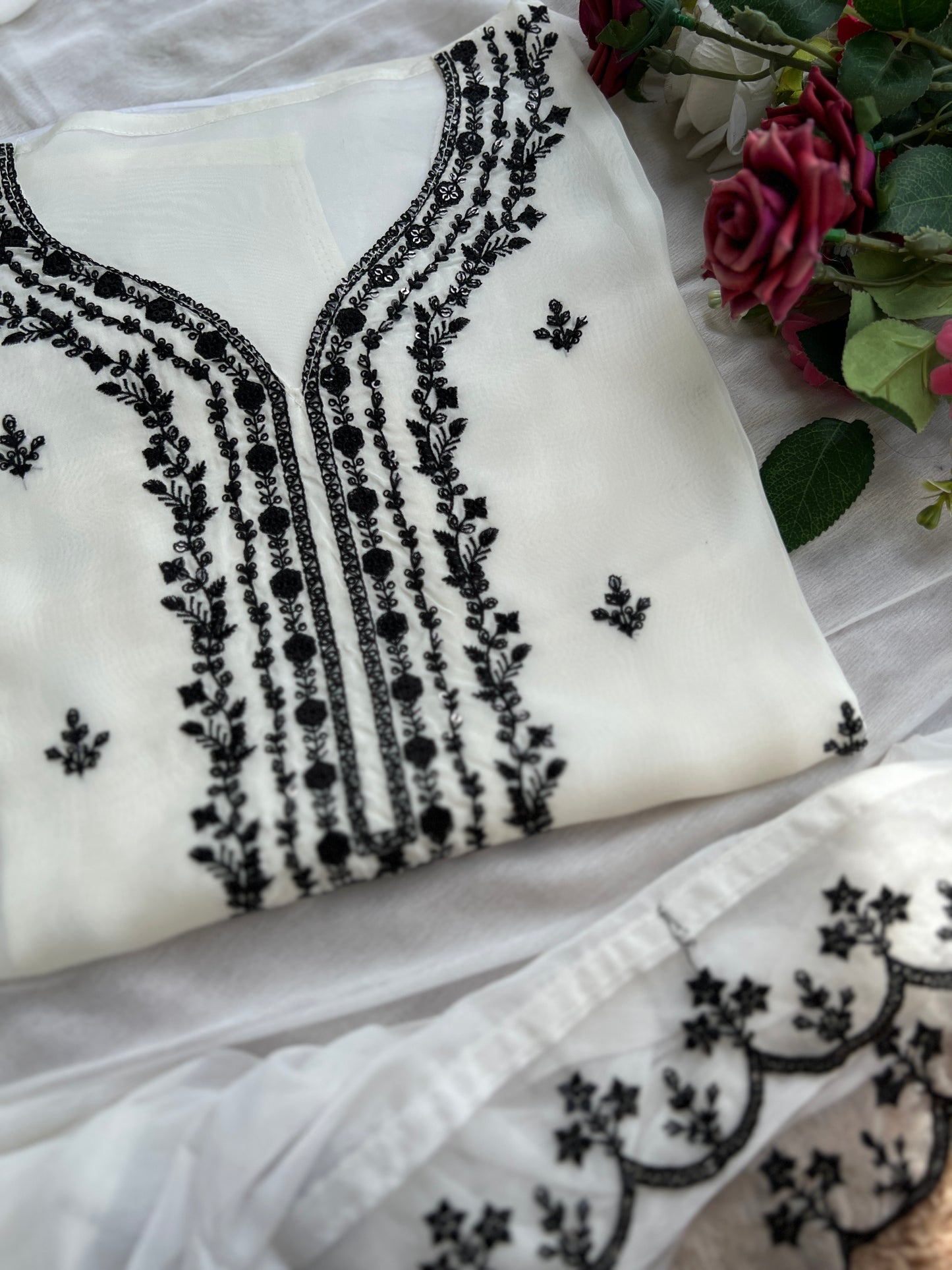 Chic Black and White Embroidered Viscose Organza Suit Set
