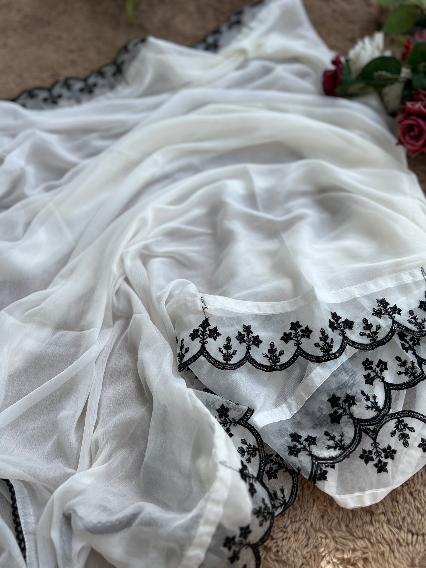 Chic Black and White Embroidered Viscose Organza Suit Set