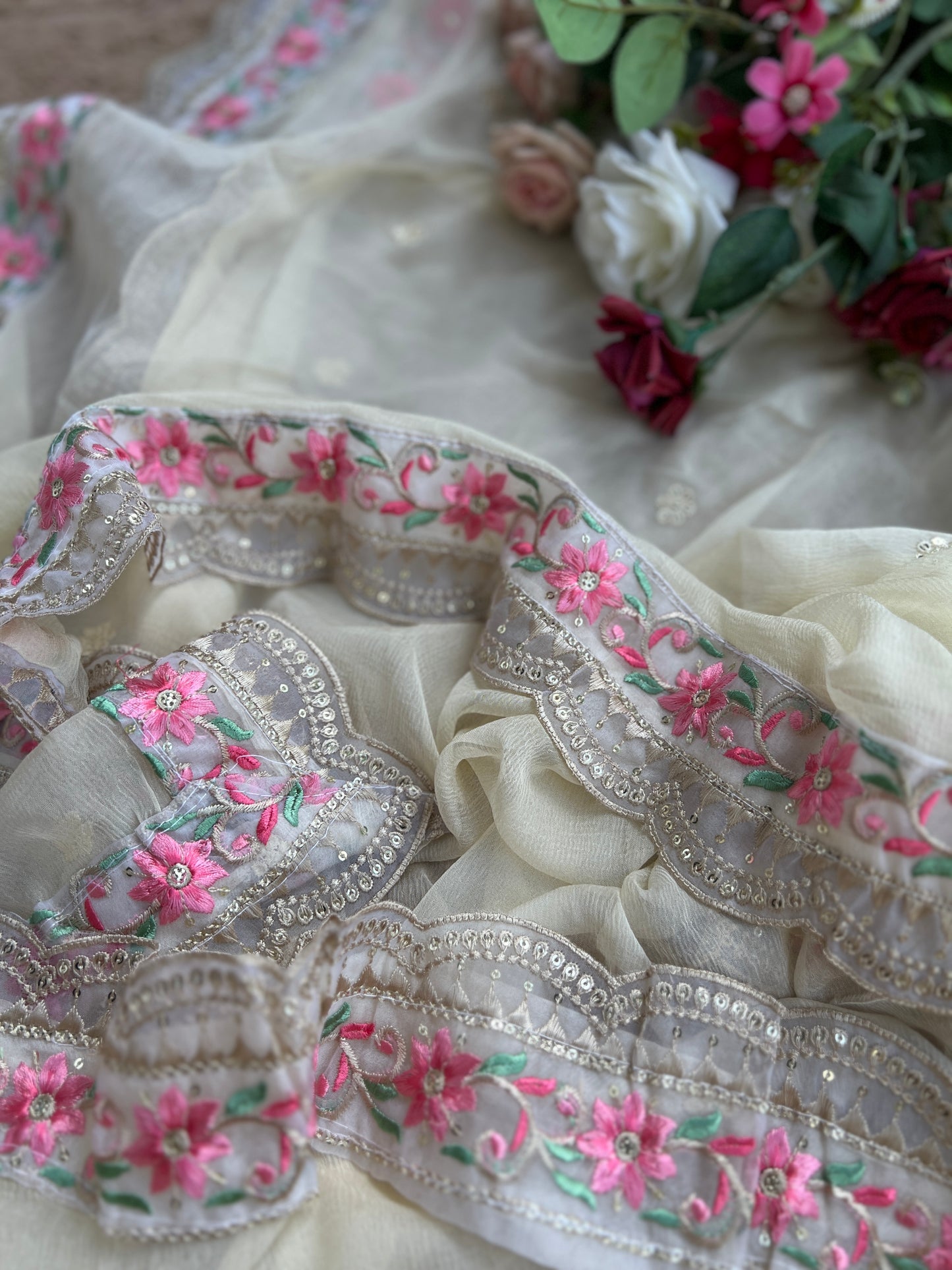 Elegant Ivory Embroidered Suit with Floral Accents