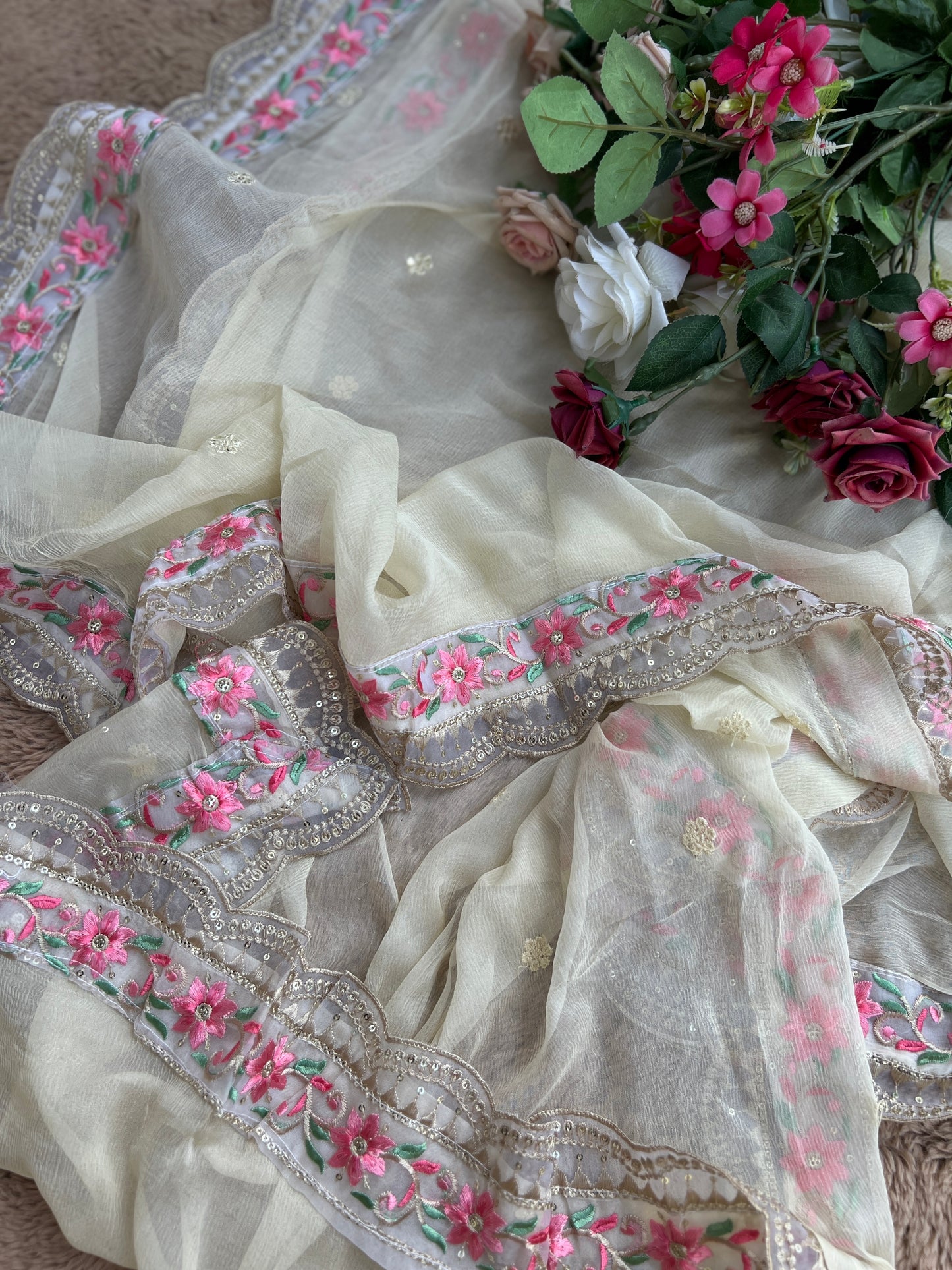 Elegant Ivory Embroidered Suit with Floral Accents