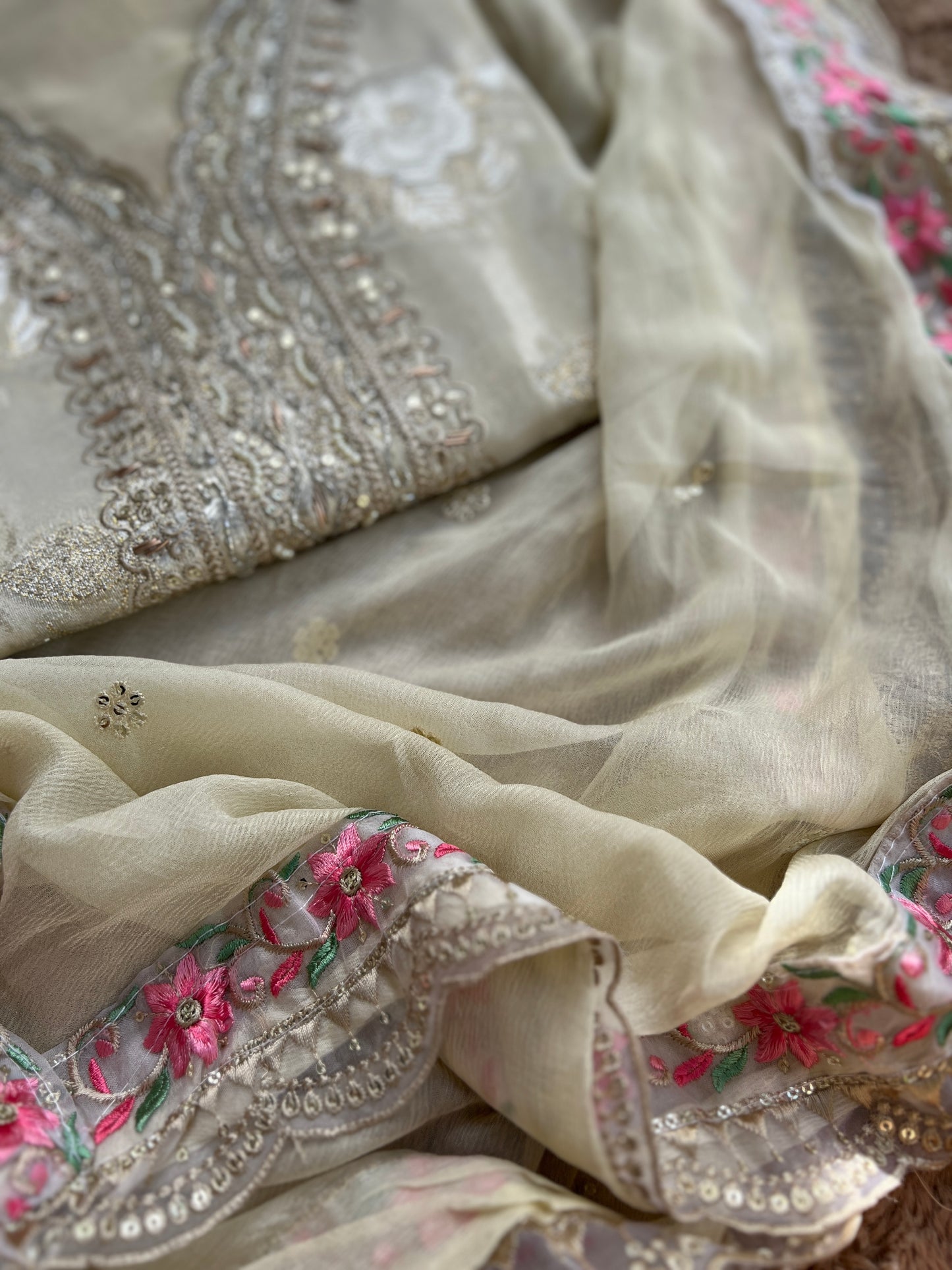 Elegant Ivory Embroidered Suit with Floral Accents