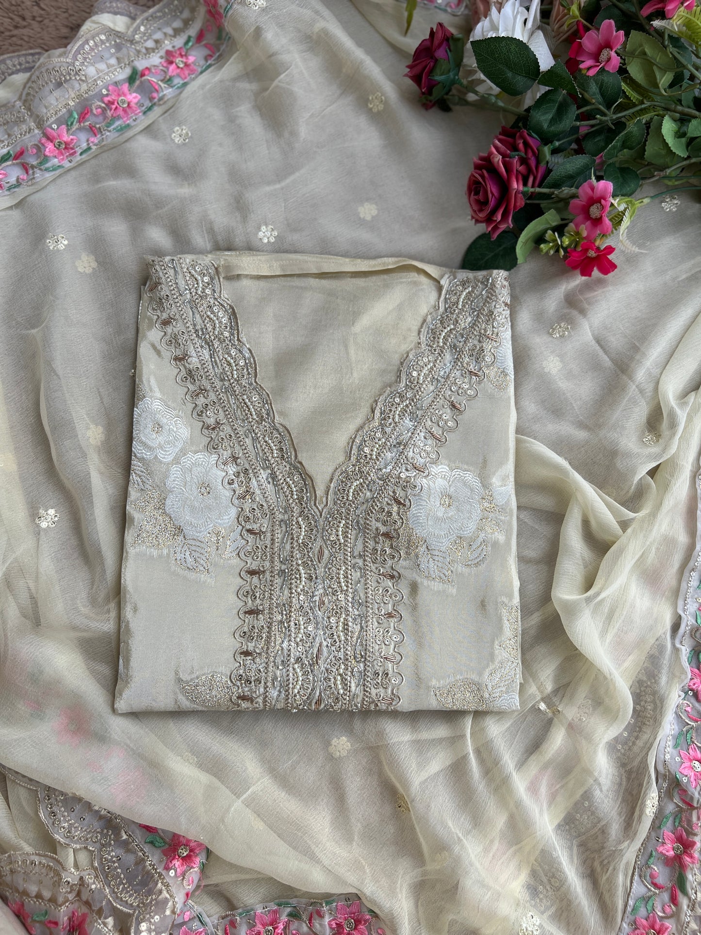 Elegant Ivory Embroidered Suit with Floral Accents