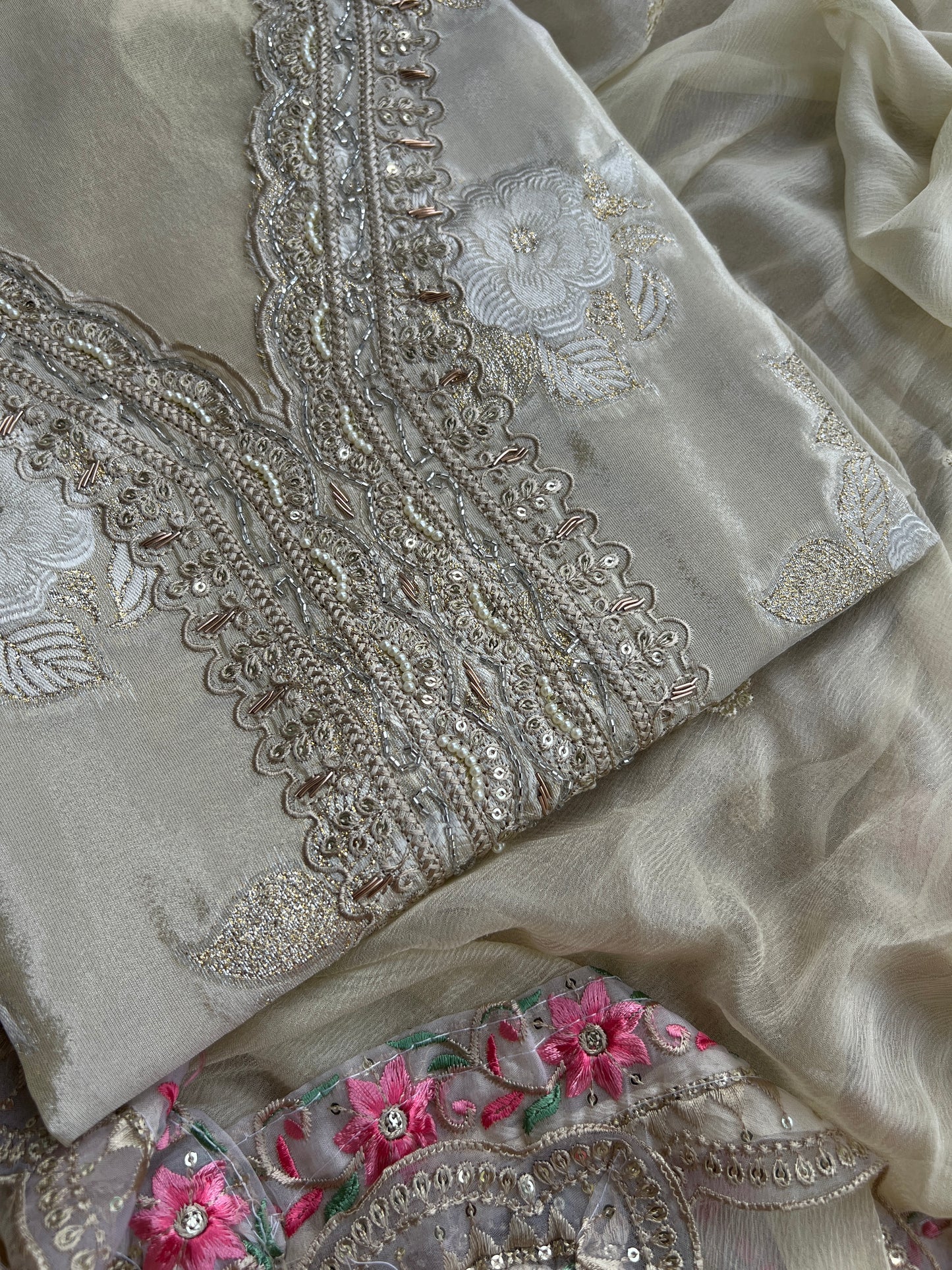 Elegant Ivory Embroidered Suit with Floral Accents