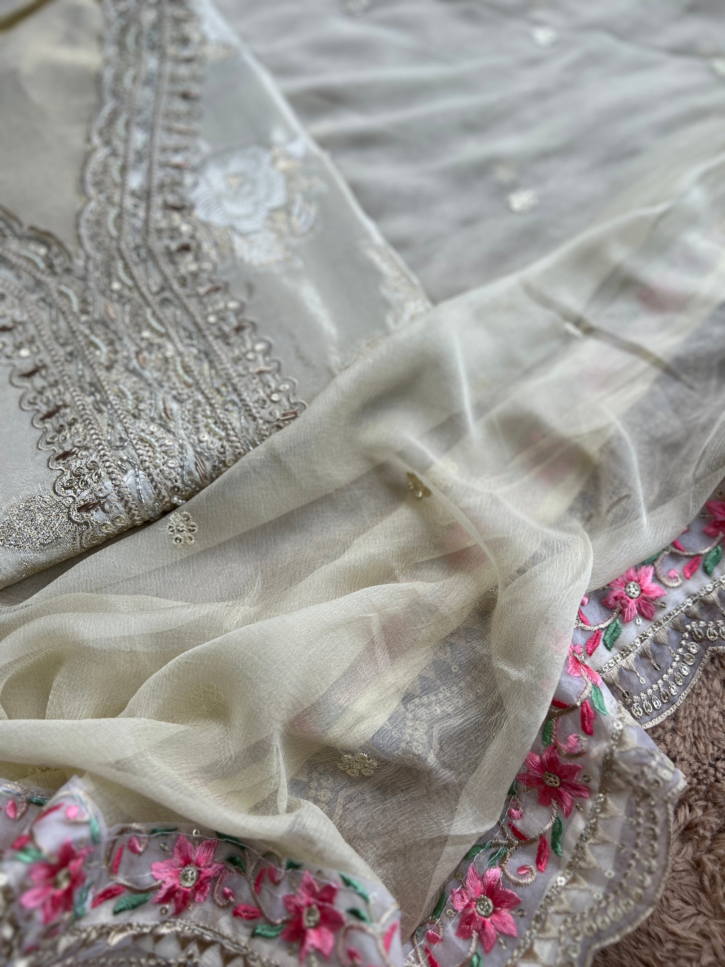 Elegant Ivory Embroidered Suit with Floral Accents
