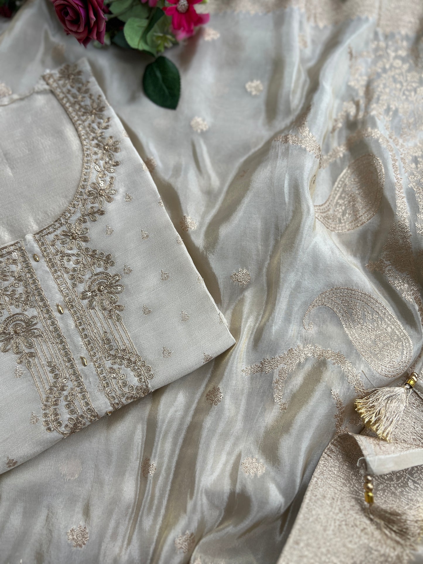 Stunning Ivory Shimmer Silk Unstitched Suit