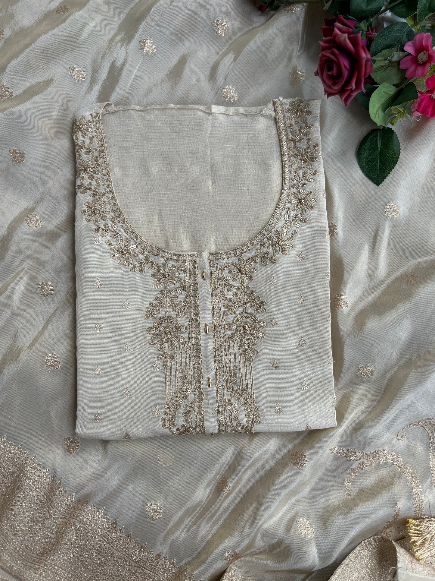 Stunning Ivory Shimmer Silk Unstitched Suit