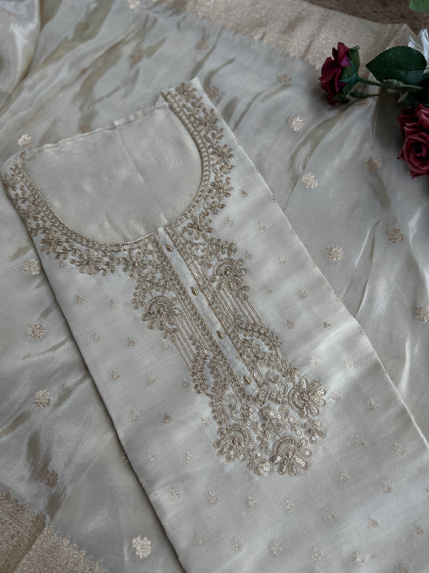 Stunning Ivory Shimmer Silk Unstitched Suit