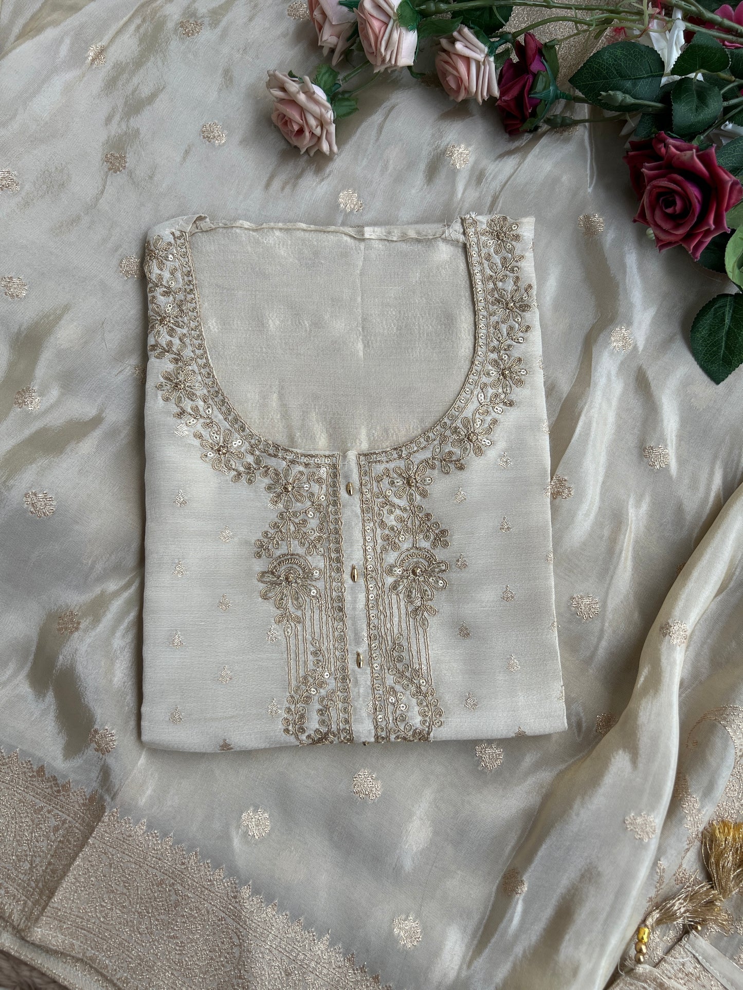 Stunning Ivory Shimmer Silk Unstitched Suit