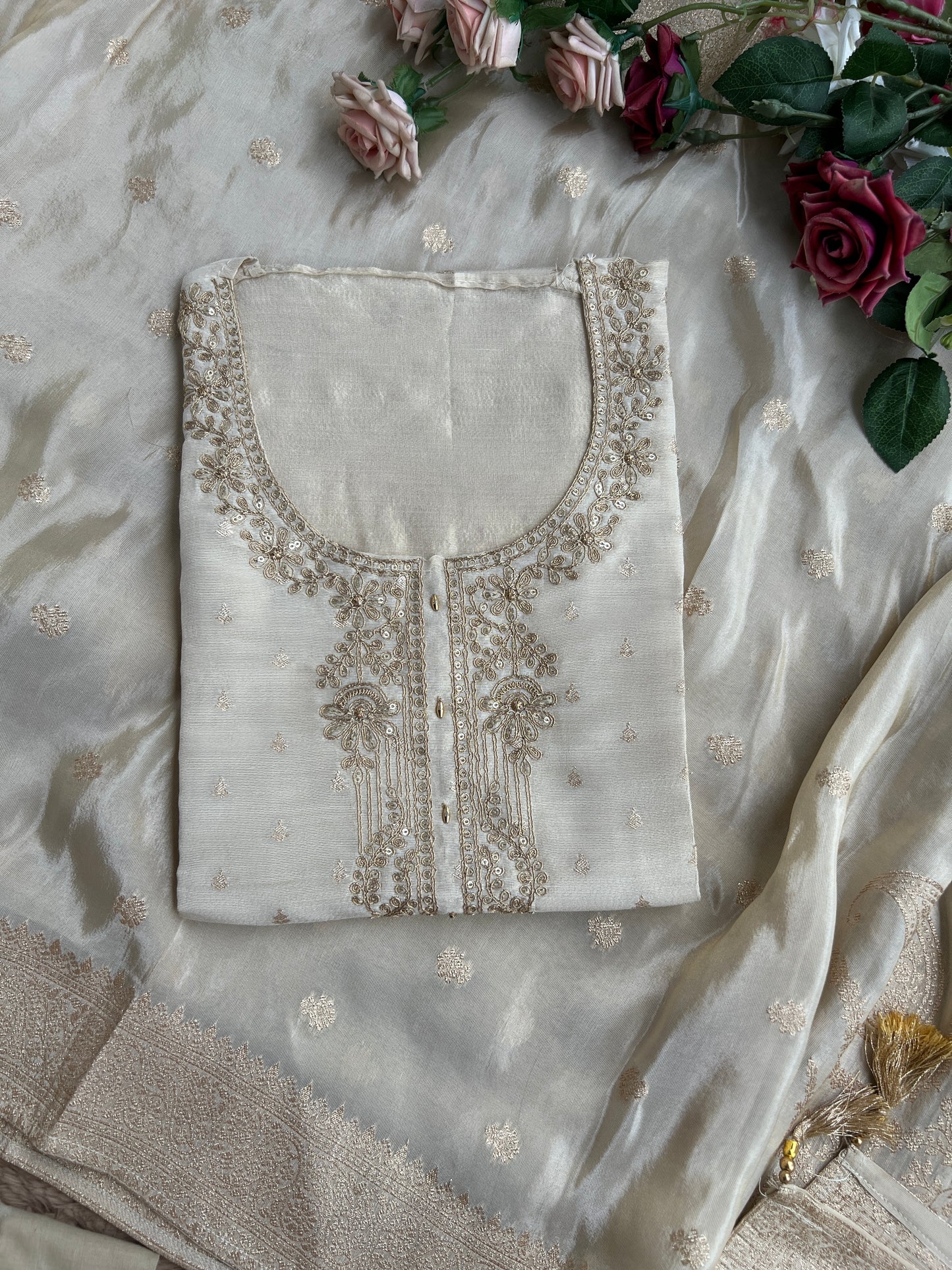 Stunning Ivory Shimmer Silk Unstitched Suit