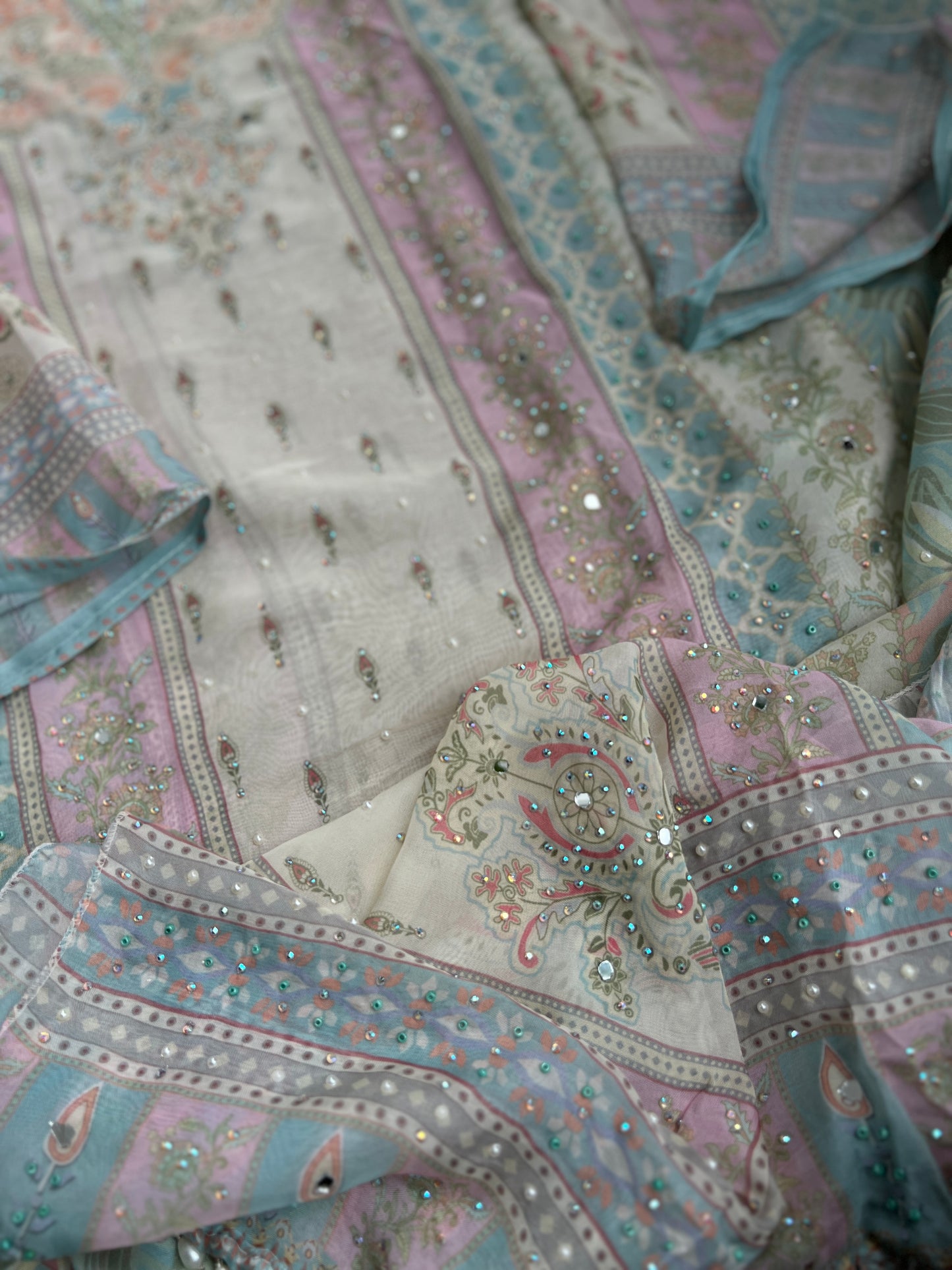 Graceful Pastel Embroidered Mirror Work Pakistani Semi-Stitched Ensemble