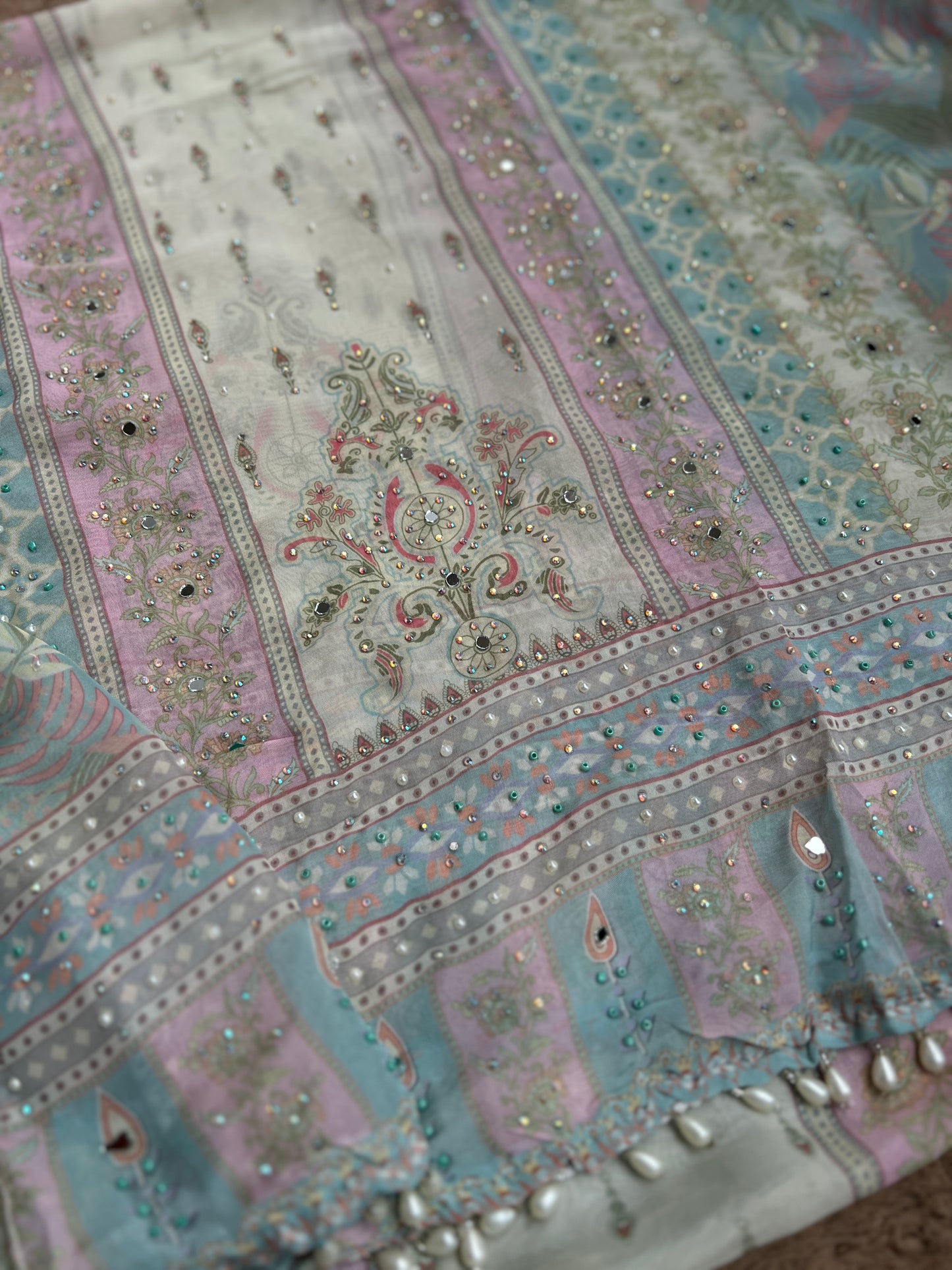 Graceful Pastel Embroidered Mirror Work Pakistani Semi-Stitched Ensemble