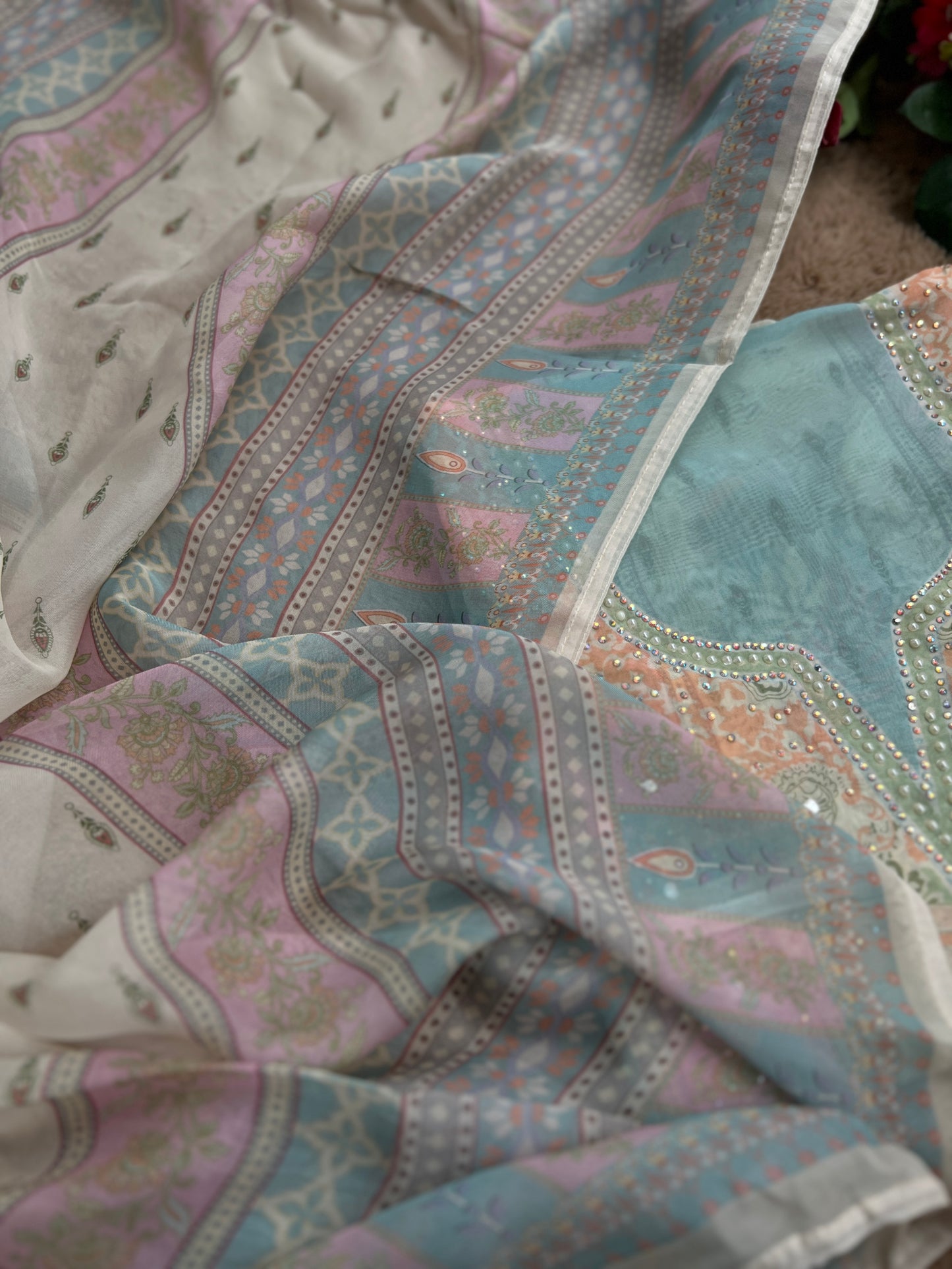 Graceful Pastel Embroidered Mirror Work Pakistani Semi-Stitched Ensemble