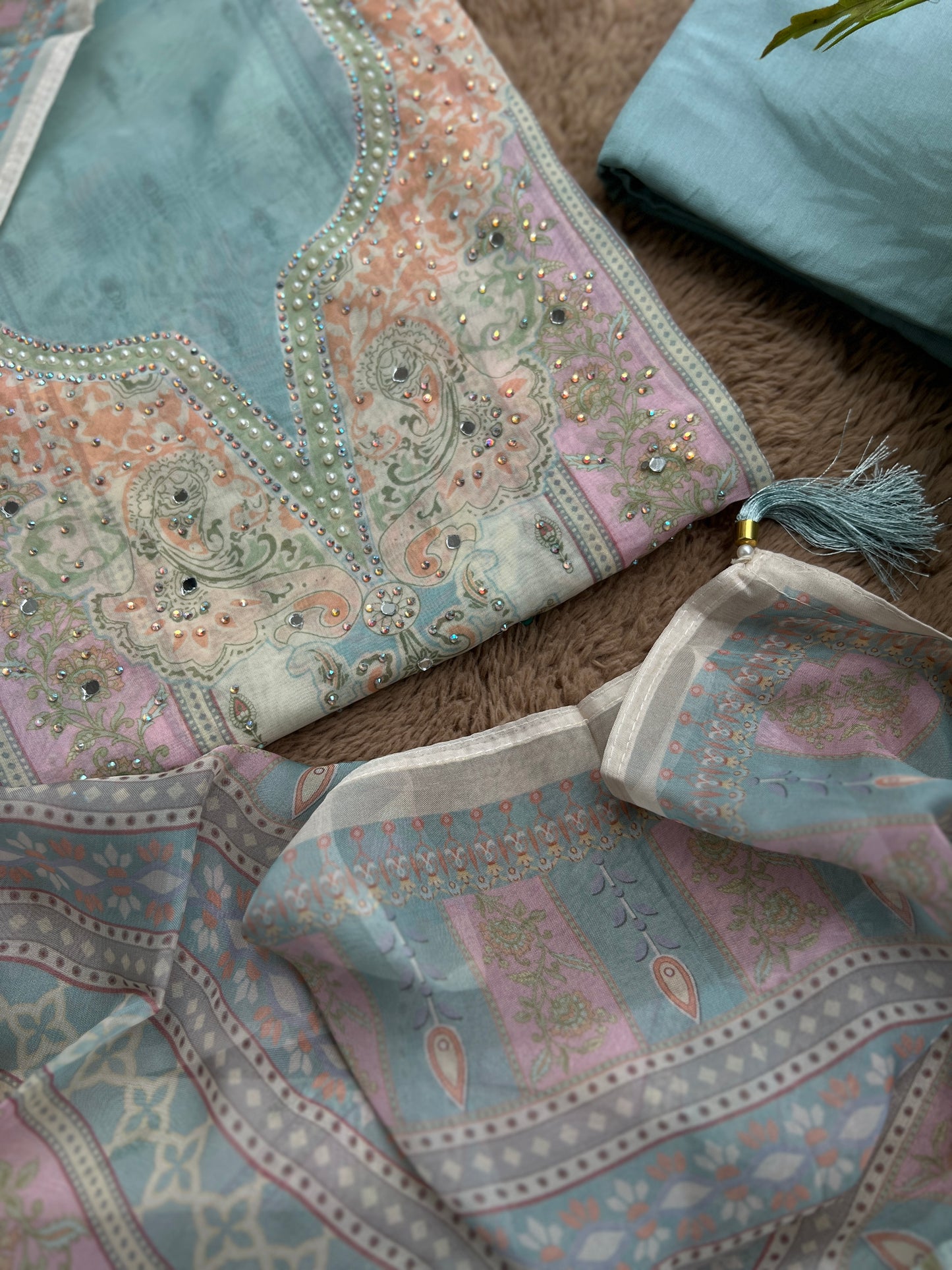 Graceful Pastel Embroidered Mirror Work Pakistani Semi-Stitched Ensemble