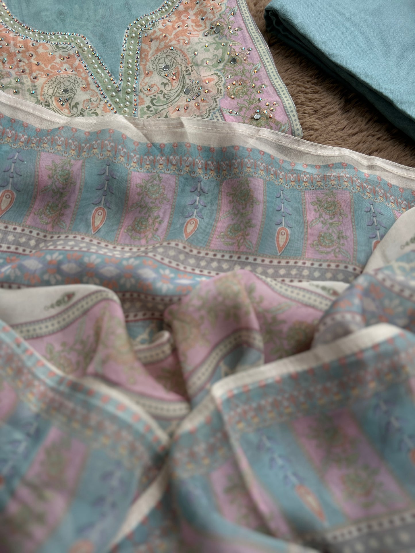 Graceful Pastel Embroidered Mirror Work Pakistani Semi-Stitched Ensemble