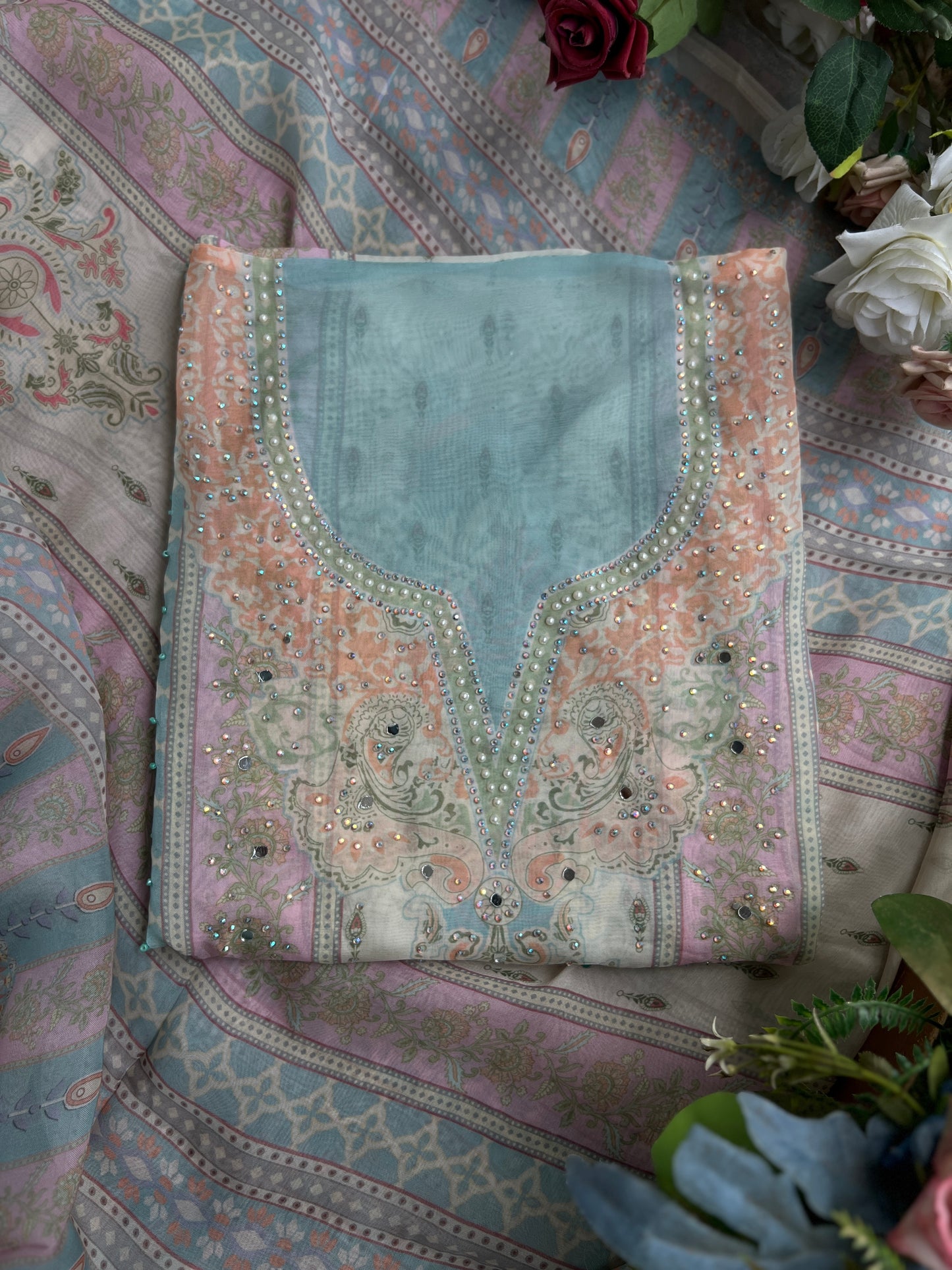 Graceful Pastel Embroidered Mirror Work Pakistani Semi-Stitched Ensemble