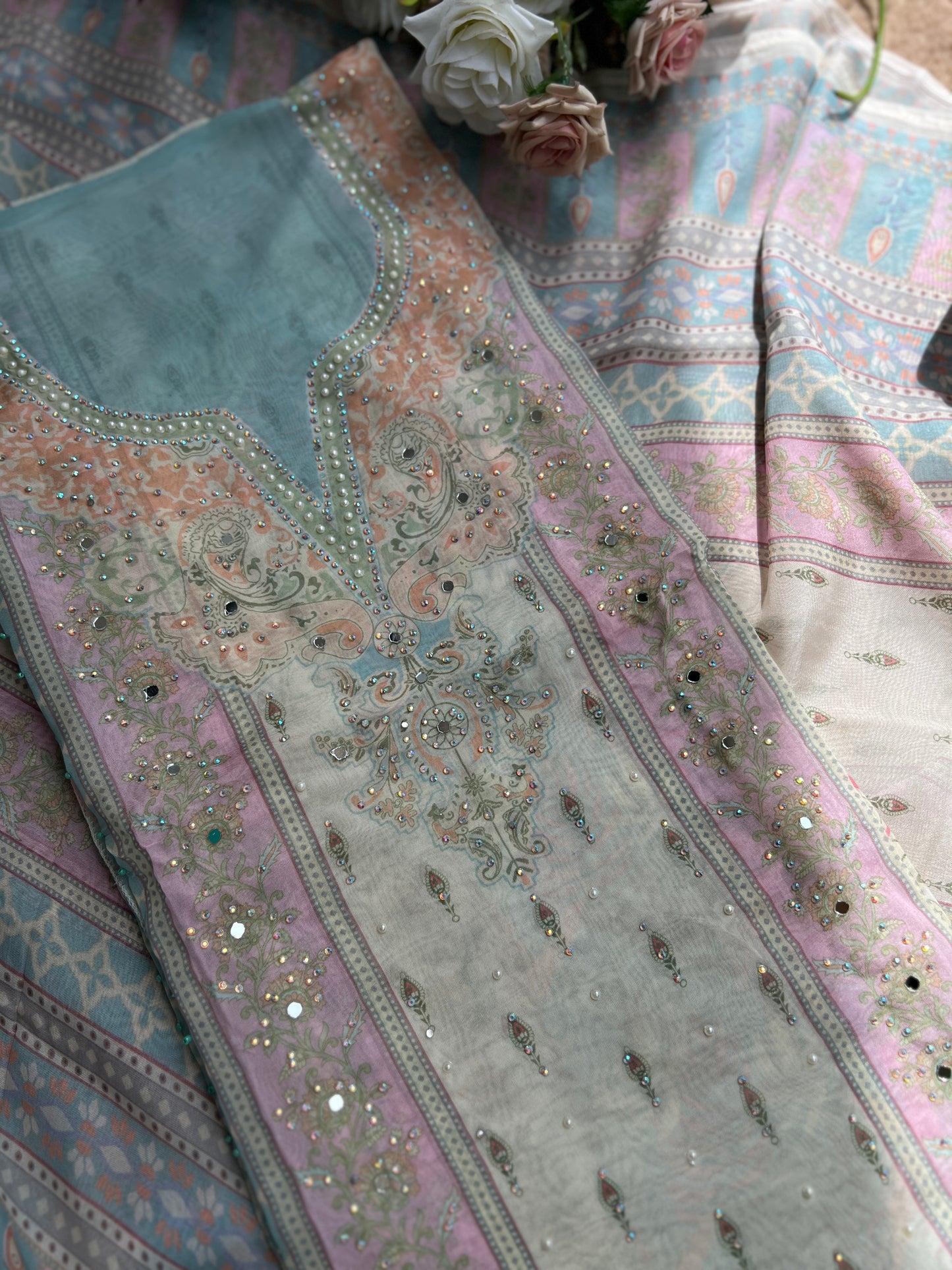 Graceful Pastel Embroidered Mirror Work Pakistani Semi-Stitched Ensemble