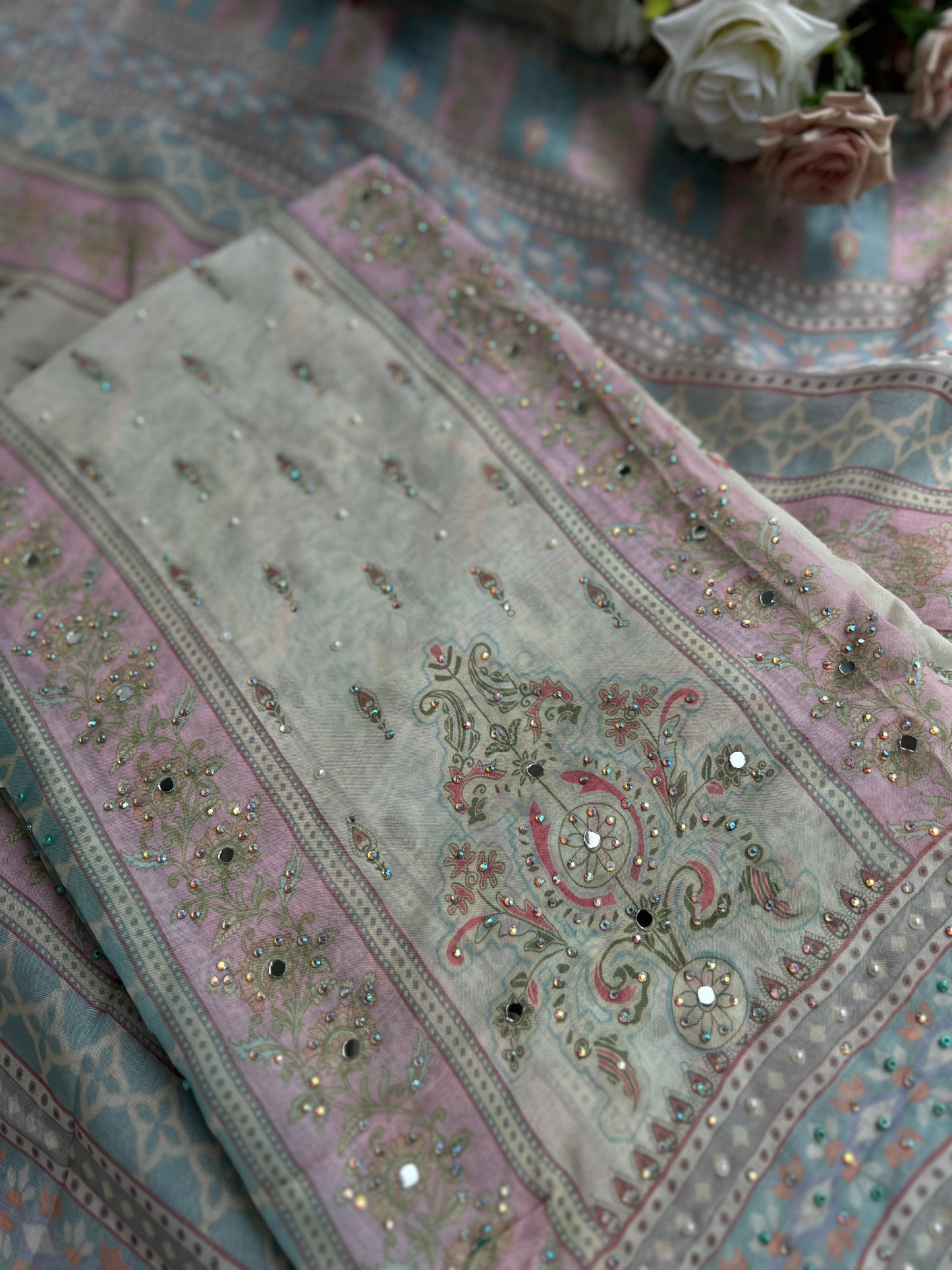 Graceful Pastel Embroidered Mirror Work Pakistani Semi-Stitched Ensemble