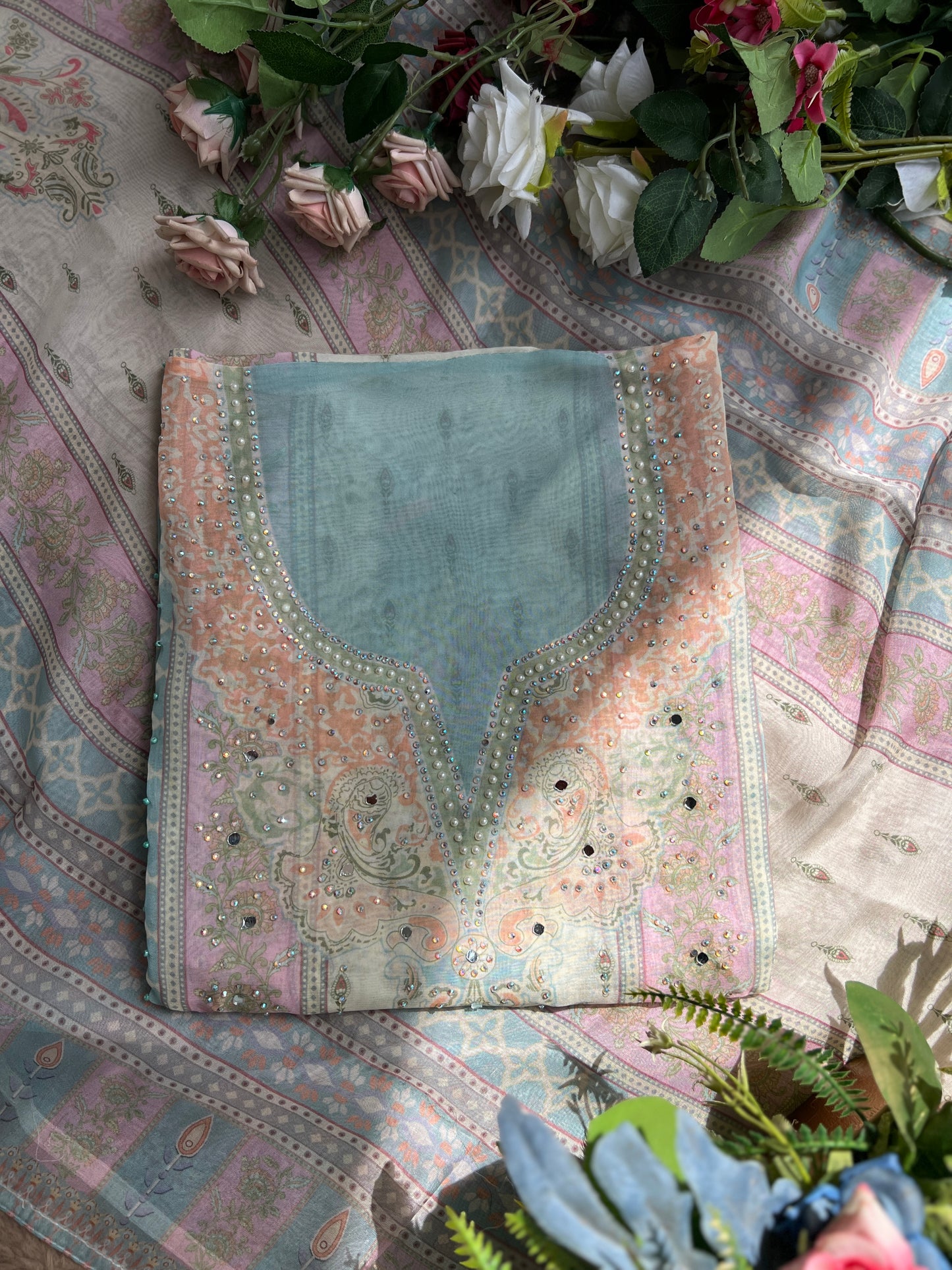 Graceful Pastel Embroidered Mirror Work Pakistani Semi-Stitched Ensemble