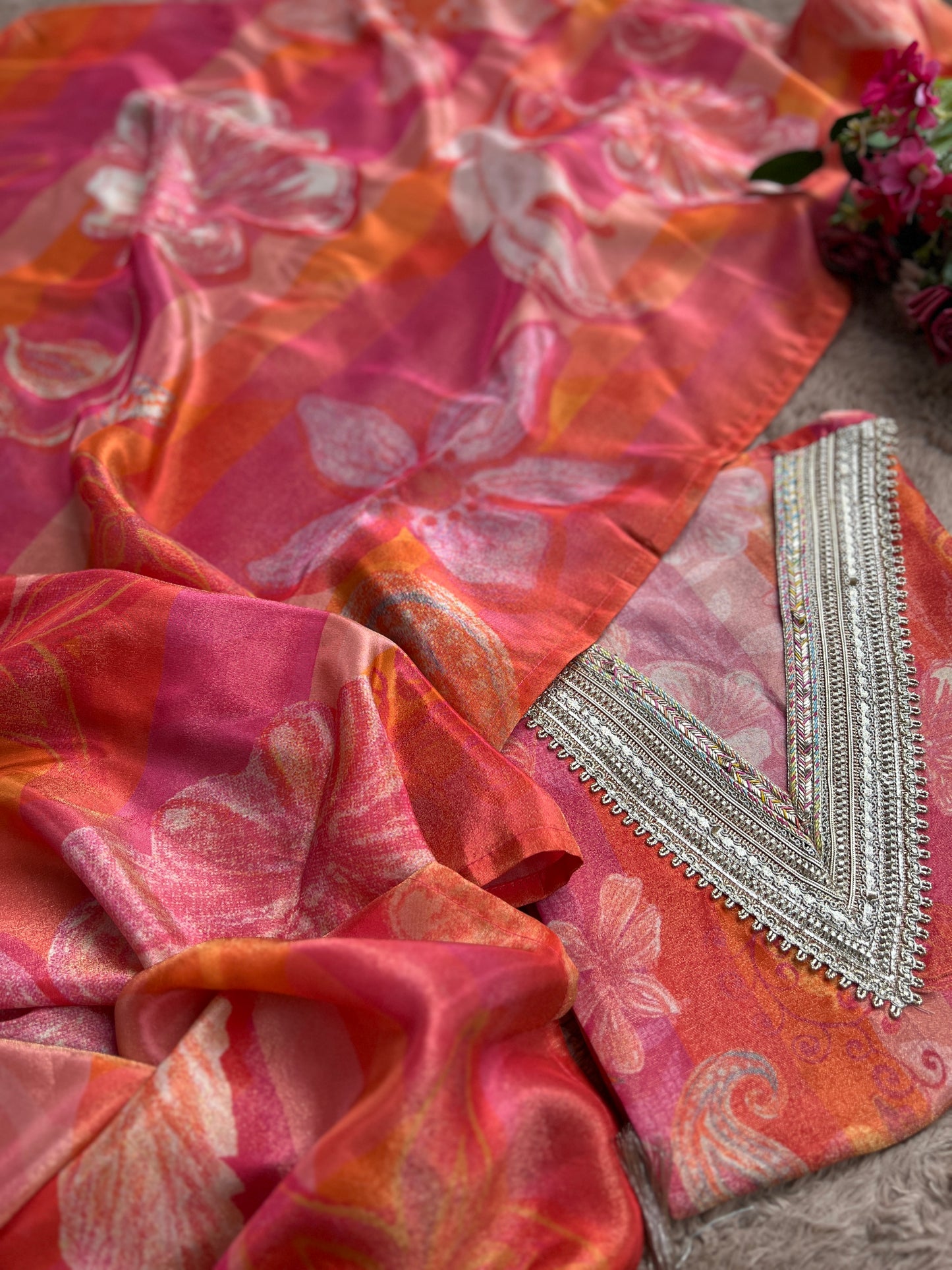 Vibrant Floral dual tone Shimmer Silk semistched suit
