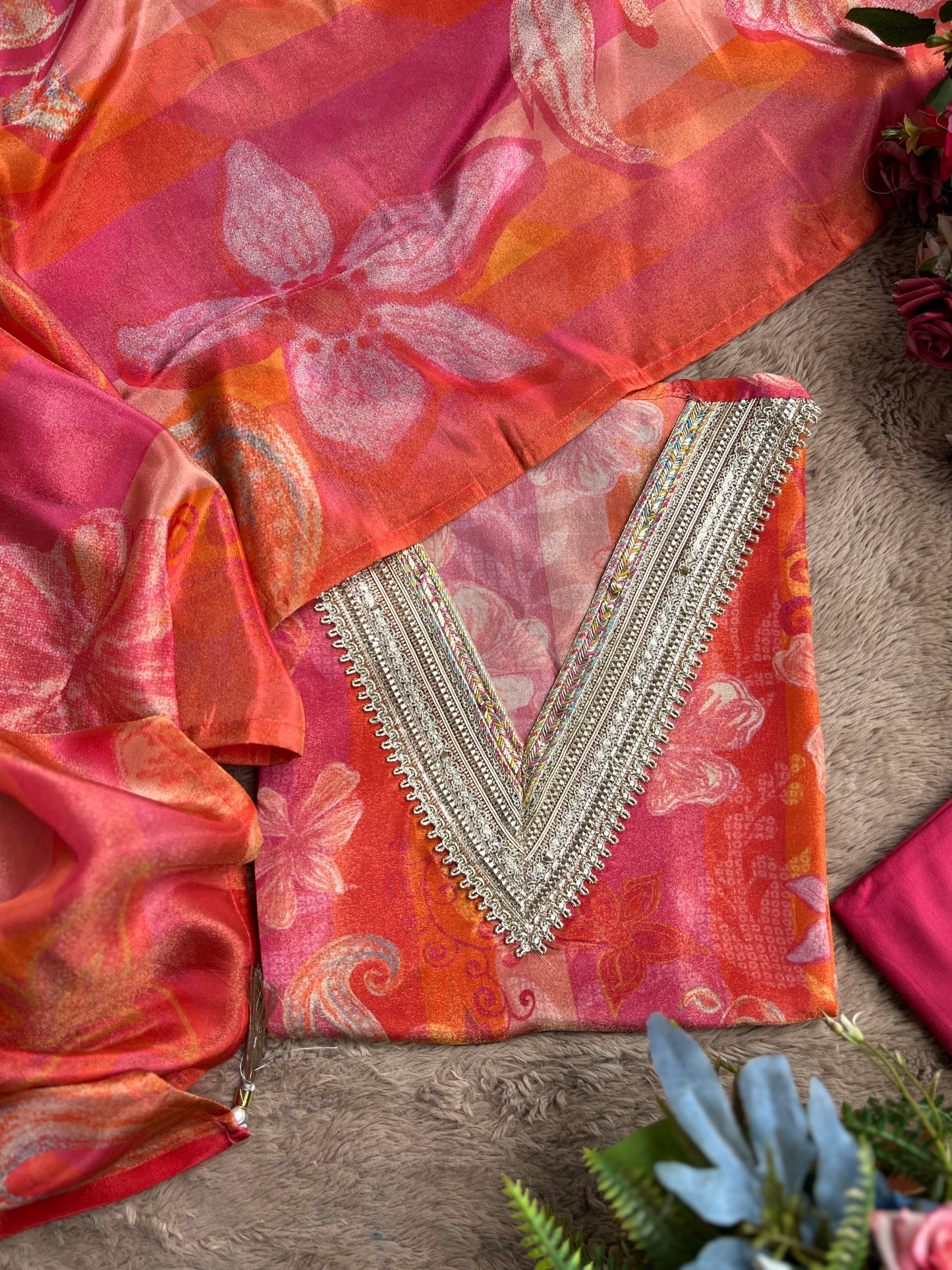 Vibrant Floral dual tone Shimmer Silk semistched suit