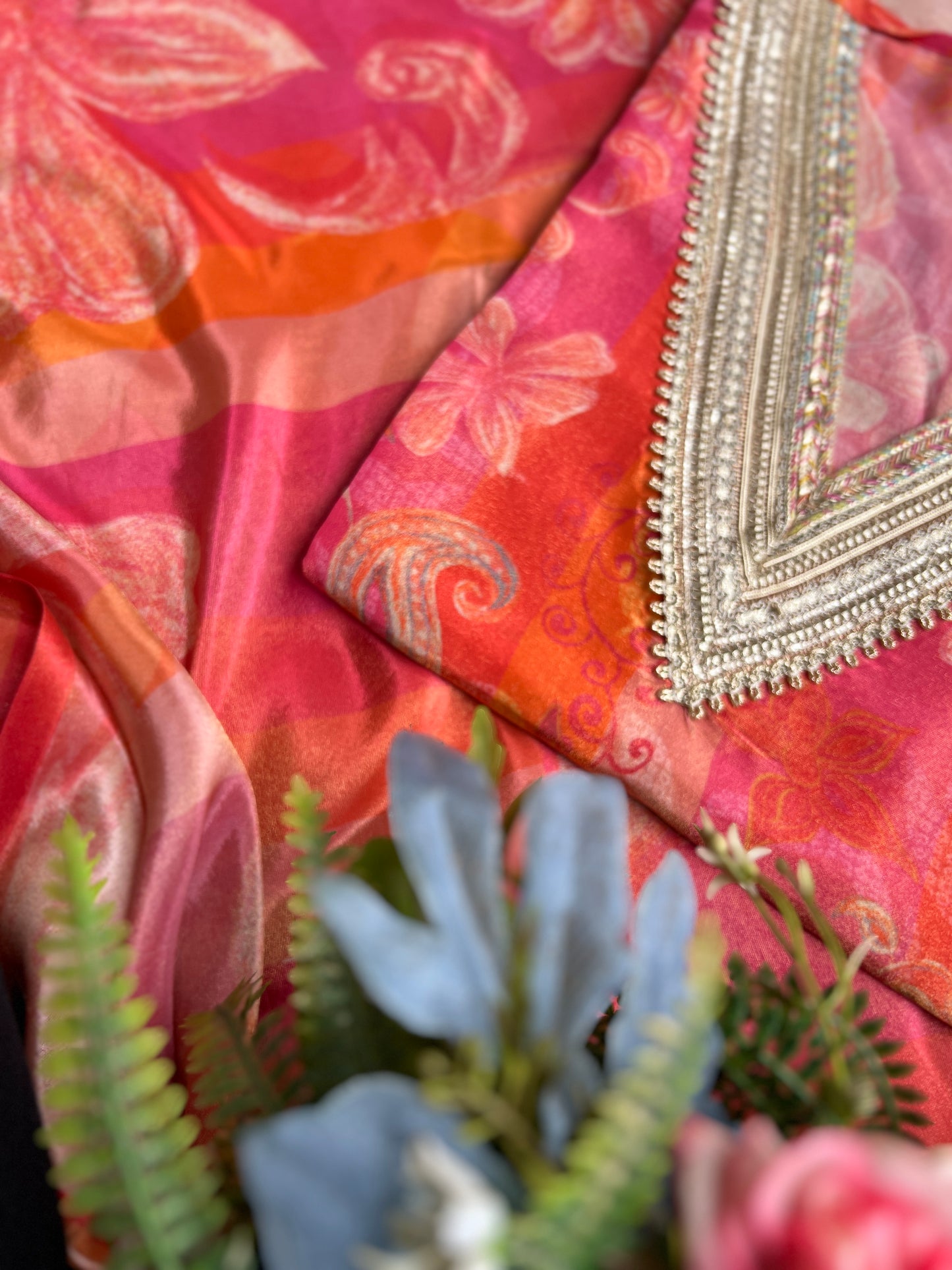 Vibrant Floral dual tone Shimmer Silk semistched suit