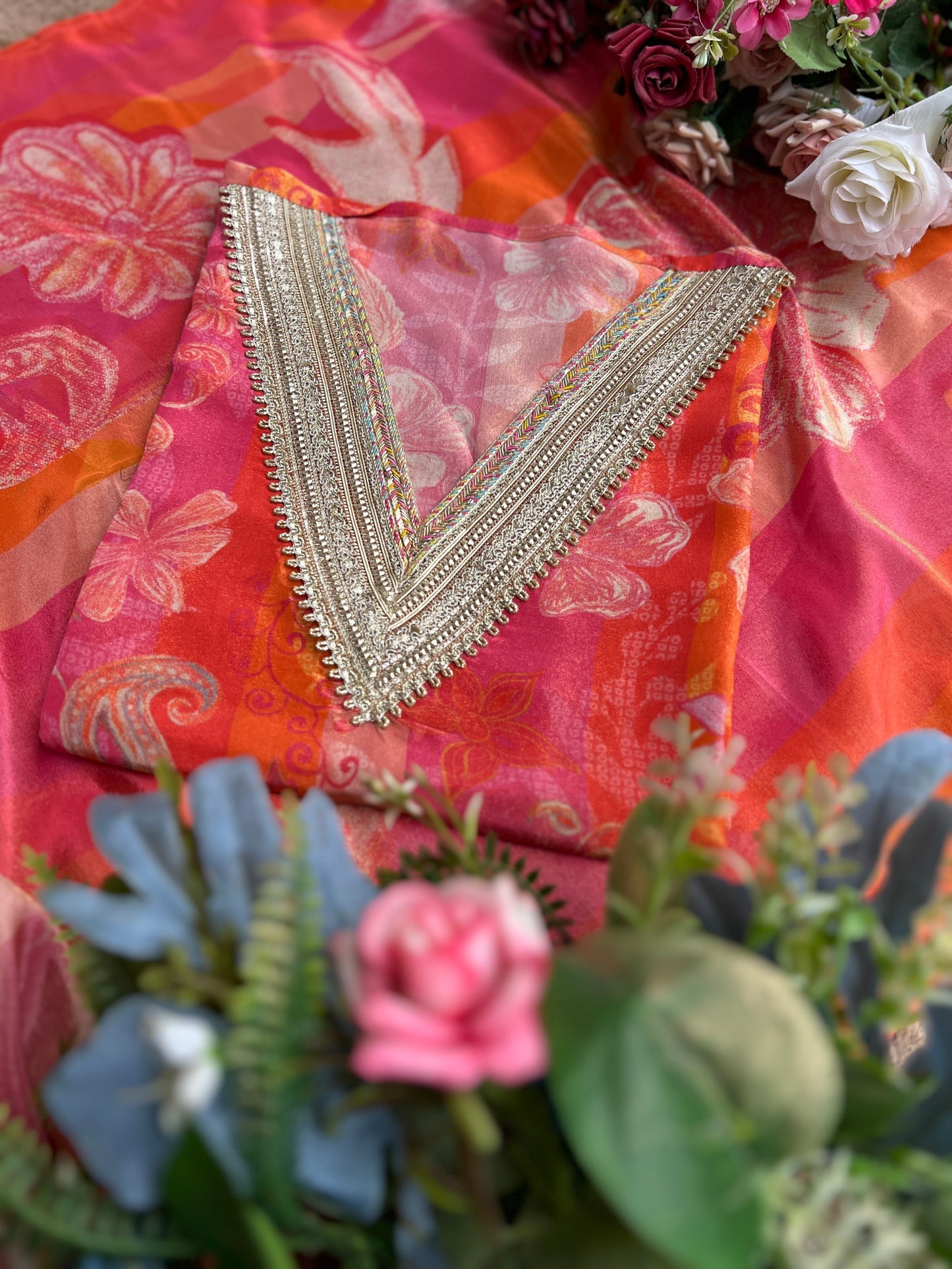 Vibrant Floral dual tone Shimmer Silk semistched suit